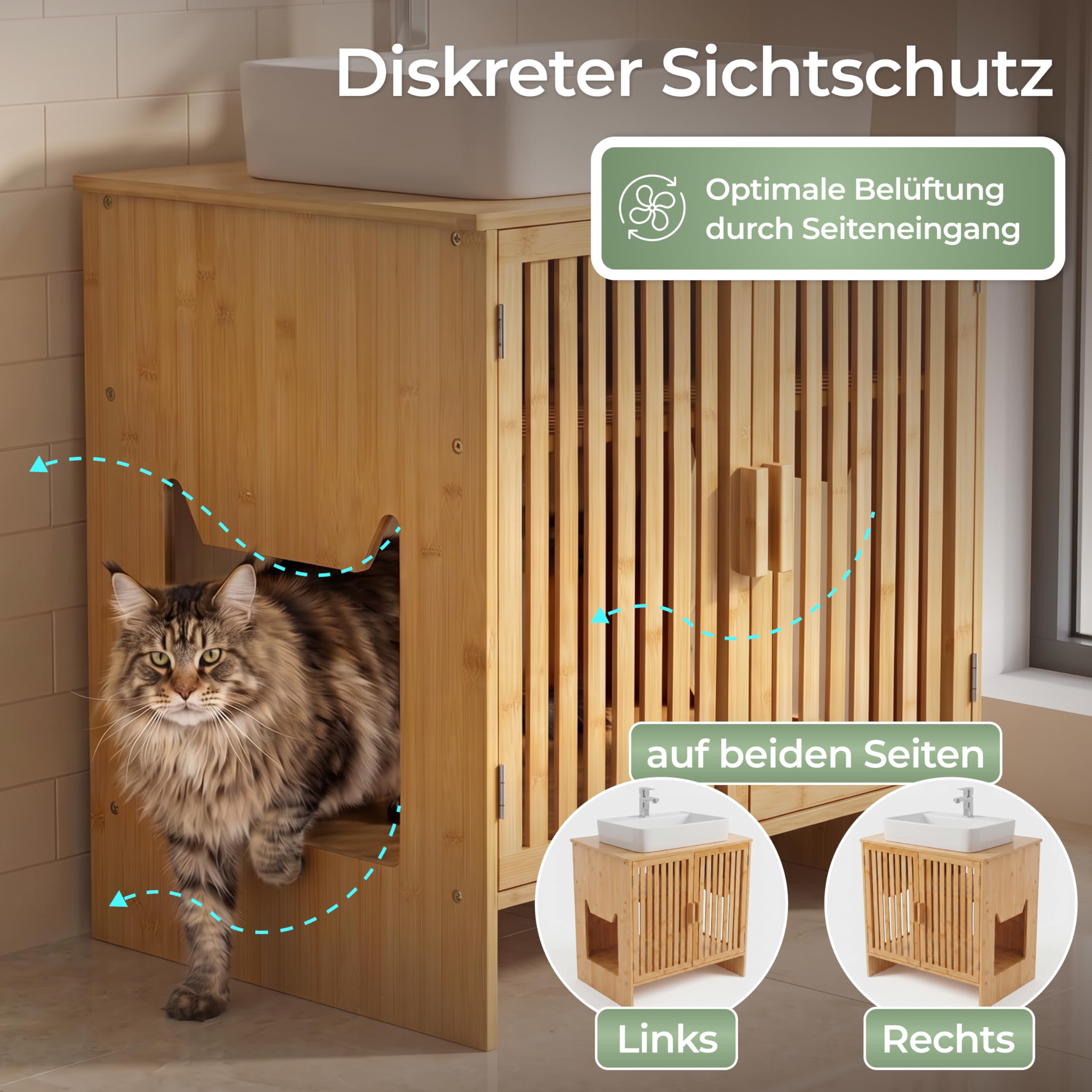 WOOWOOD Katzenklo Waschbeckenunterschrank aus Bambus - Extrem Feuchteresistent - Katzenklo Schrank - Badezimmer Unterschrank - Katzenschrank, Katzentoilette Schrank, Katzenmöbel, 60×44×60 cm