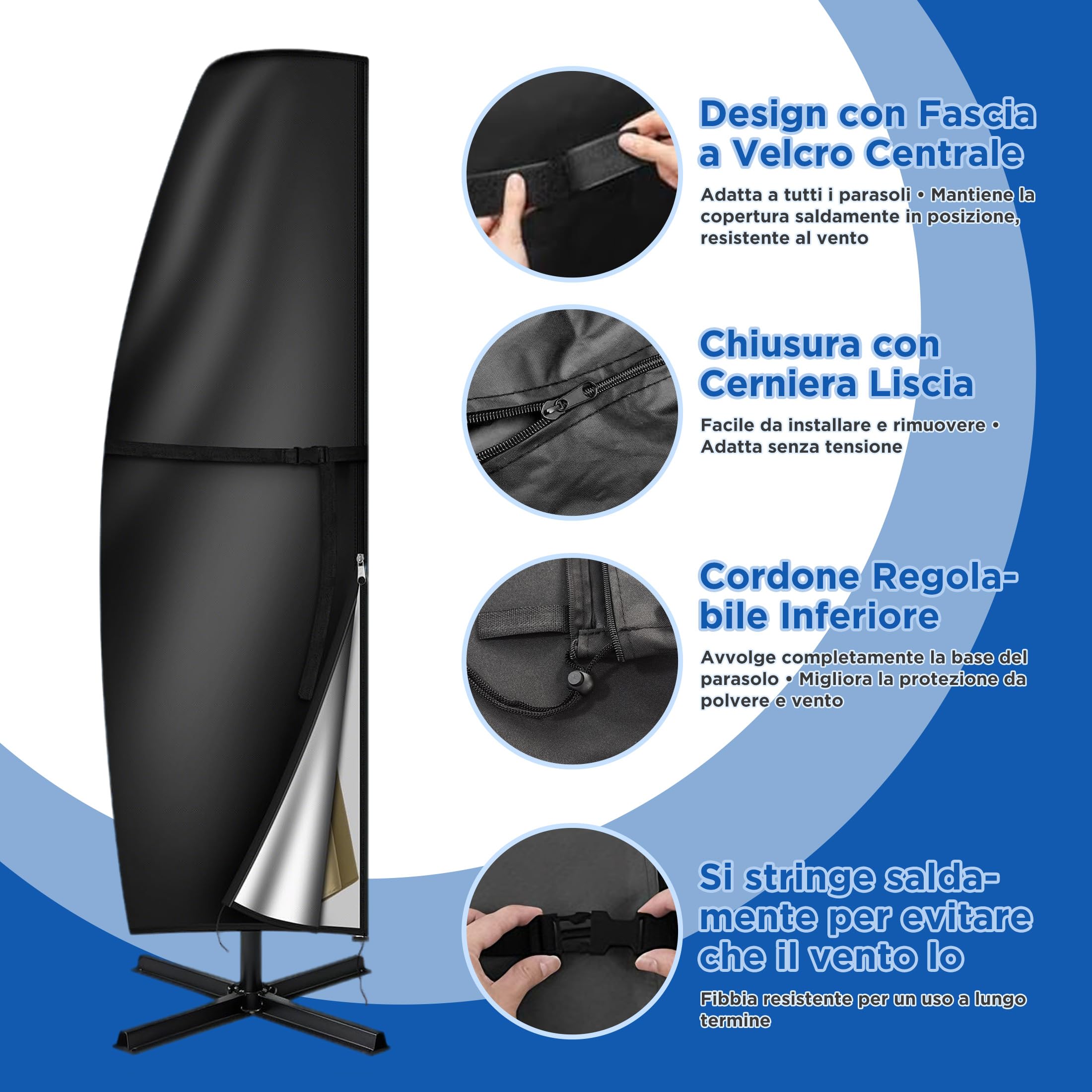 Copri per Ombrellone da Esterno – Copertura Ombrellone da Giardino Impermeabile in Tessuto 420D, Telo Copriombrellone Universale per Ombrelloni da 2m a 4m, Dimensioni Multiple: 265X40/70/50cm