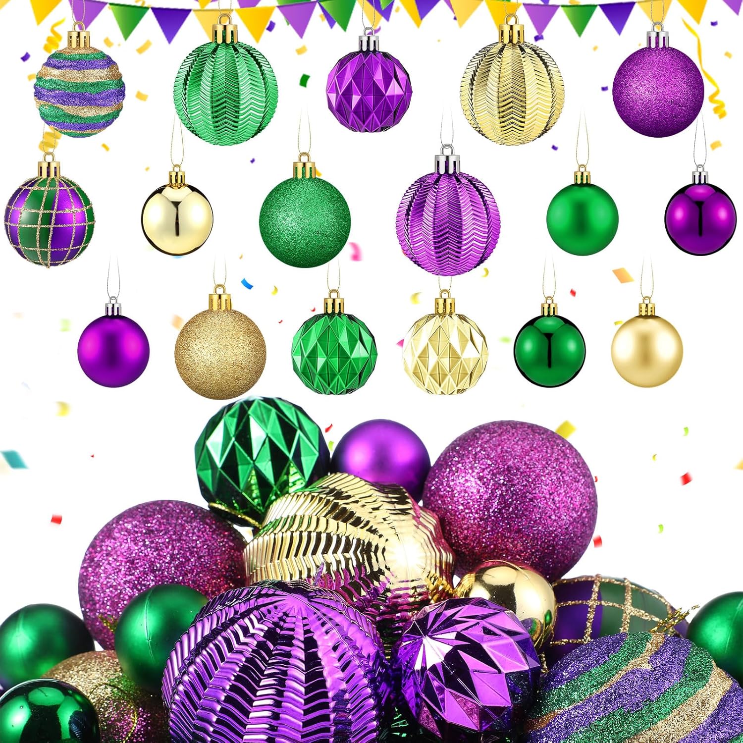Syhood 59 Pcs Mardi Gras Ball Ornaments 3 Sizes Mardi Gras Shatterproof Ball Purple Yellow Green Decorations Plastic Masquerade Decorations for Holiday Party Supplies