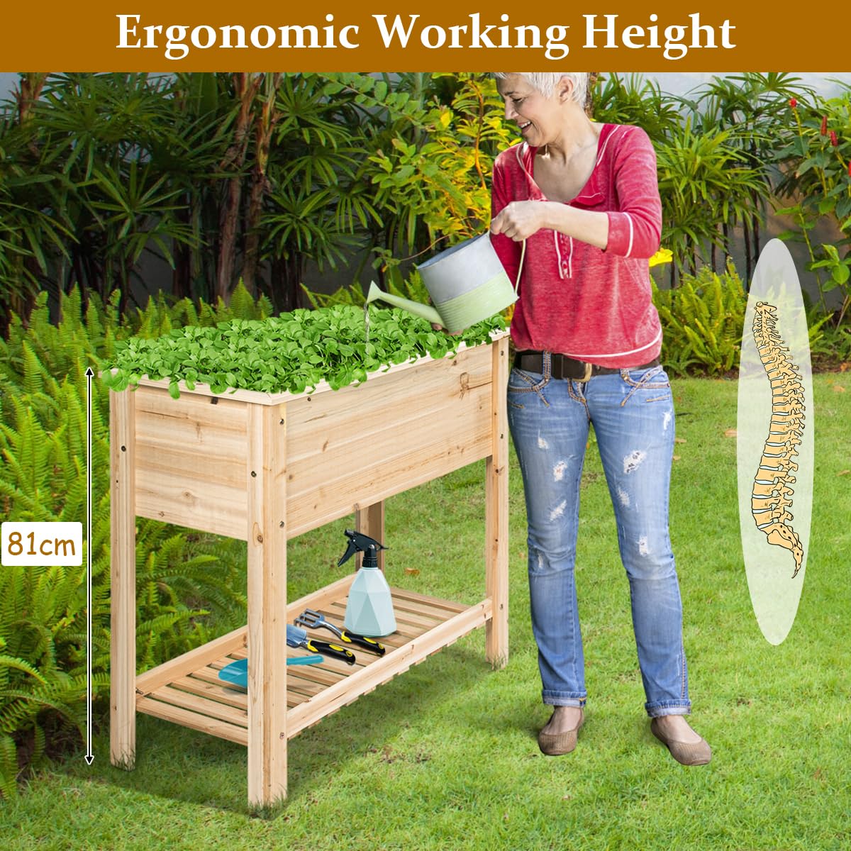 GOPLUS Huerto Urbano de Flores, Maceta de Cultivo de Madera de Abeto con Estante & Gran Superficie, Cama Elevada para Verduras y Flores, Jardinera para Balcón Patio Exterior, 92 x 41 x 81 cm