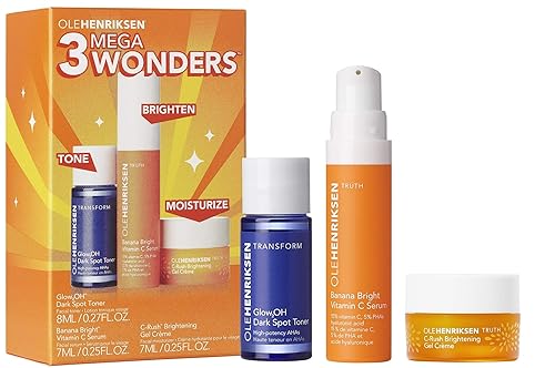 Ole Henriksen Mini 3 Mega Wonders - Suero de vitamina C brillante de plátano, tóner de manchas oscuras Glow2OH, crema de gel iluminadora C-Rush