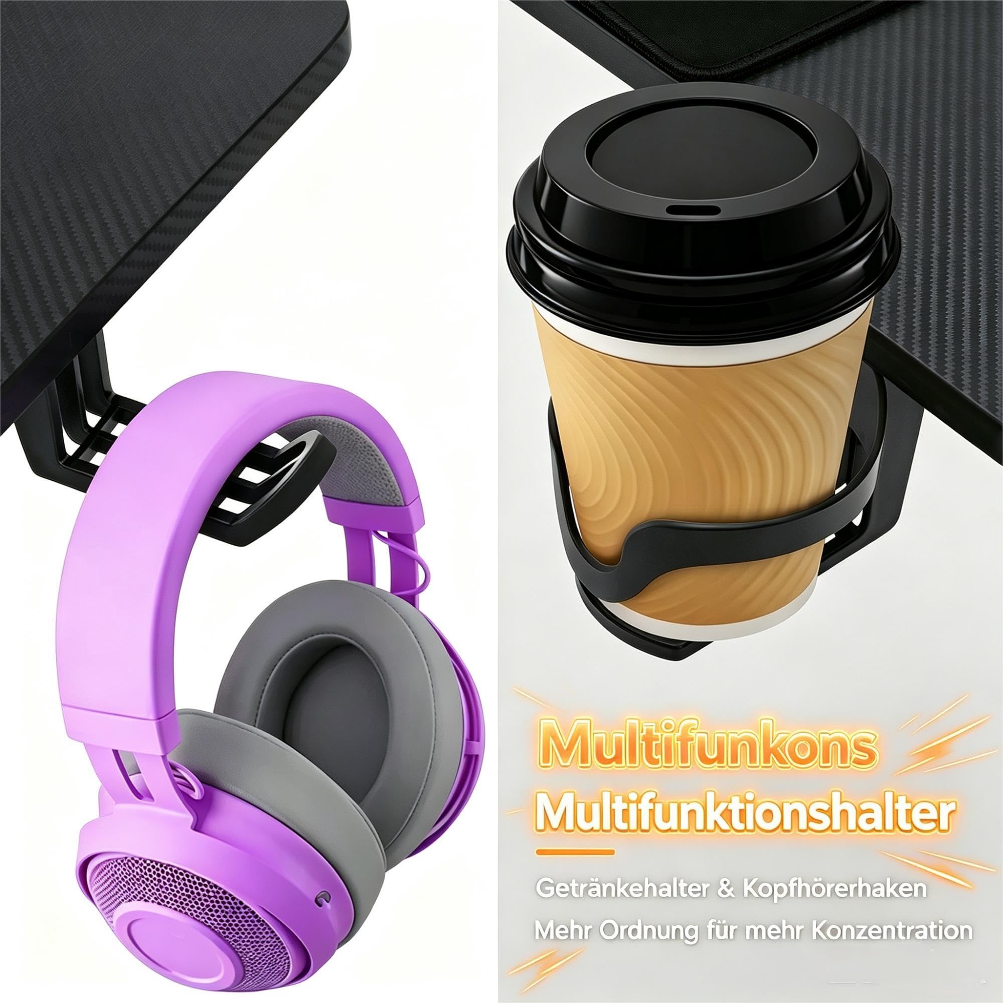 Froadp Gaming Schreibtisch 140x60cm Z-förmiger PC Gaming Tisch Schwarz Kohlefaseroberfläche Ergonomischer Computertisch mit Getränkehalter und Kopfhörer Haken 150 kg Belastbarkeit