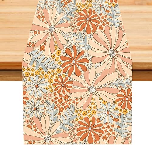 Miniatura 69 de Camino de mesa retro de los años 70, estilo vintage, arte abstracto moderno, verde, bohemio, espiral, ondas, granja, campo, cena, para el hogar,