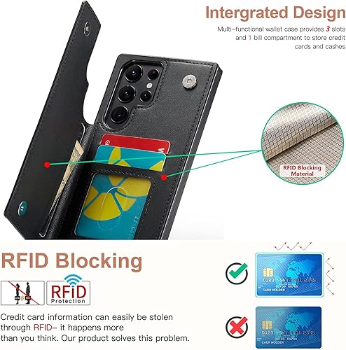Miniatura 5 de Funda para Galaxy S23 Ultra, funda de piel tipo cartera de lujo con tapa y bloqueo RFID, ranuras para tarjetas y soporte para niñas y mujeres, funda