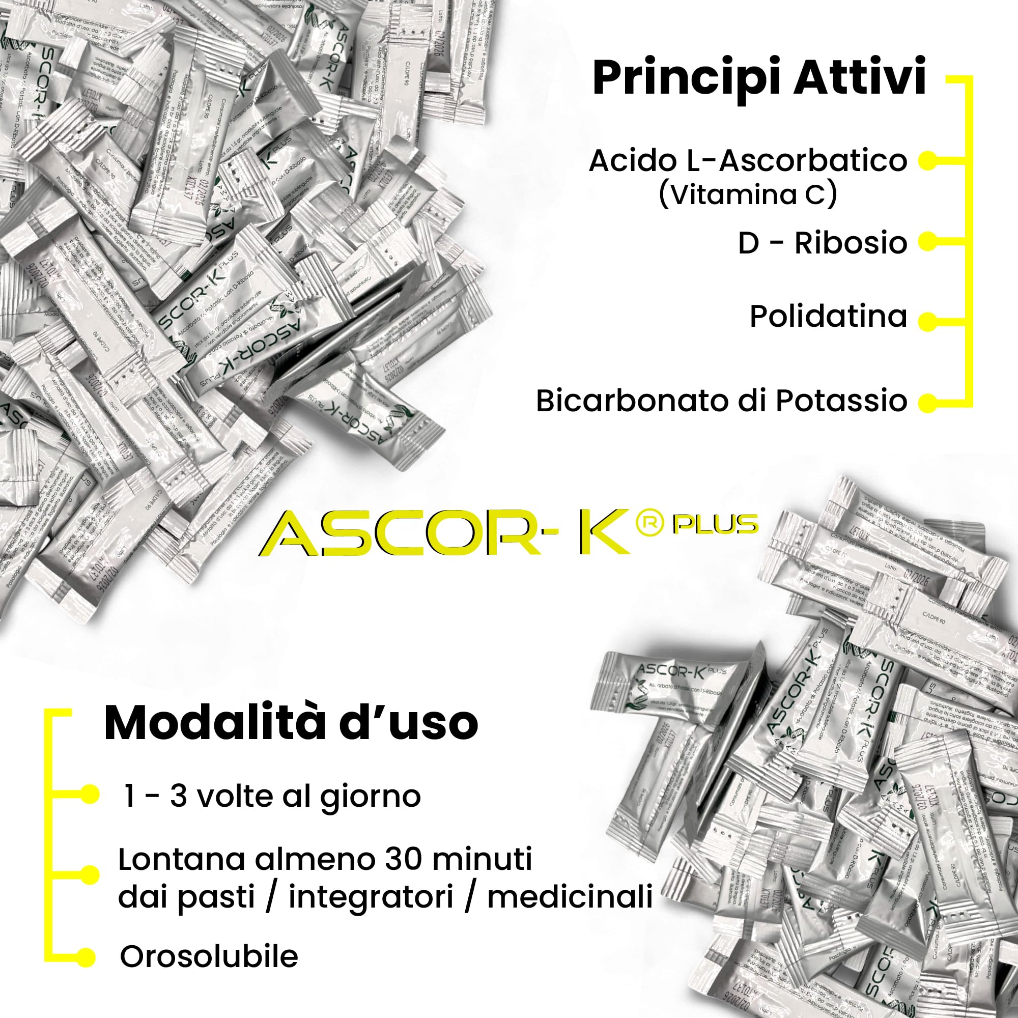 Ascorbato di Potassio Pantellini 90% [+ Innovazione Sublinguale] – Ascorbato di Potassio con D Ribosio Ascor-K Plus | Integratore per Sistema Immunitario | Energia Naturale - 90 Stick