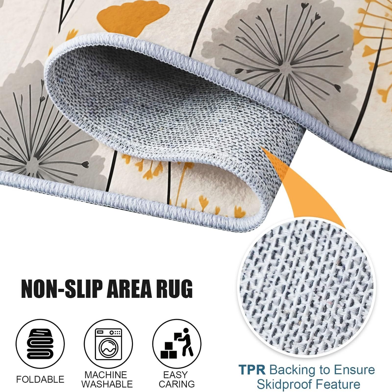 Tappeto Fiori Dente di leone Semplicità Antiscivolo Lavabile Pelo Corto Pelo Corto, Morbido, per Salotto, Camera da Letto Giallo senape grigio Design Moderno e Elegante 120x180