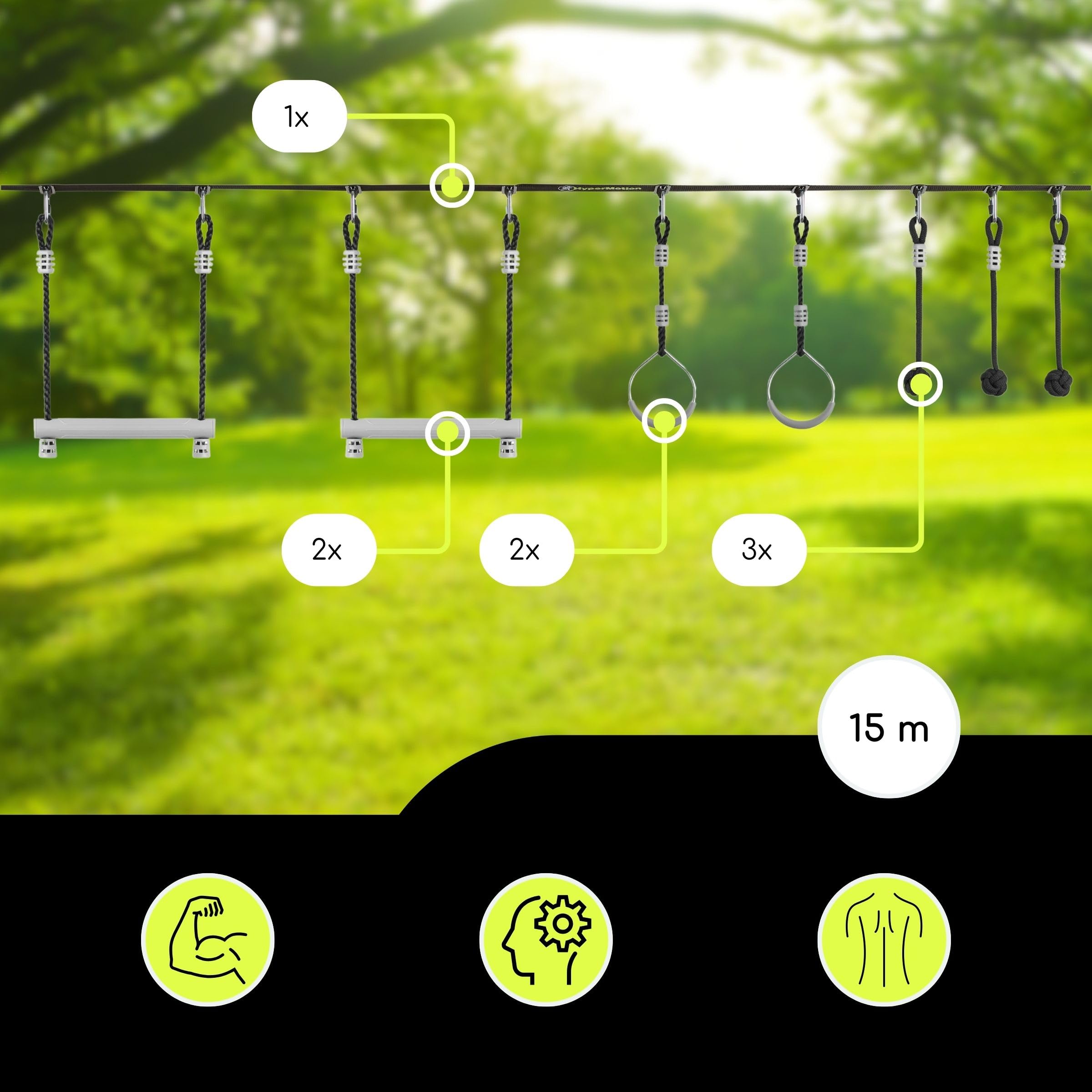 HyperMotion Tor Przeszkód Ninja Dla Dzieci Zestaw Slackline – 7 Przeszkód Z Kółkami Małpimi Pięściami I Drążkami – Udźwig Do 113 kg – Do Ogrodu – Outdoor Zabawa Ruchowa Dla Dzieci I Młodzieży