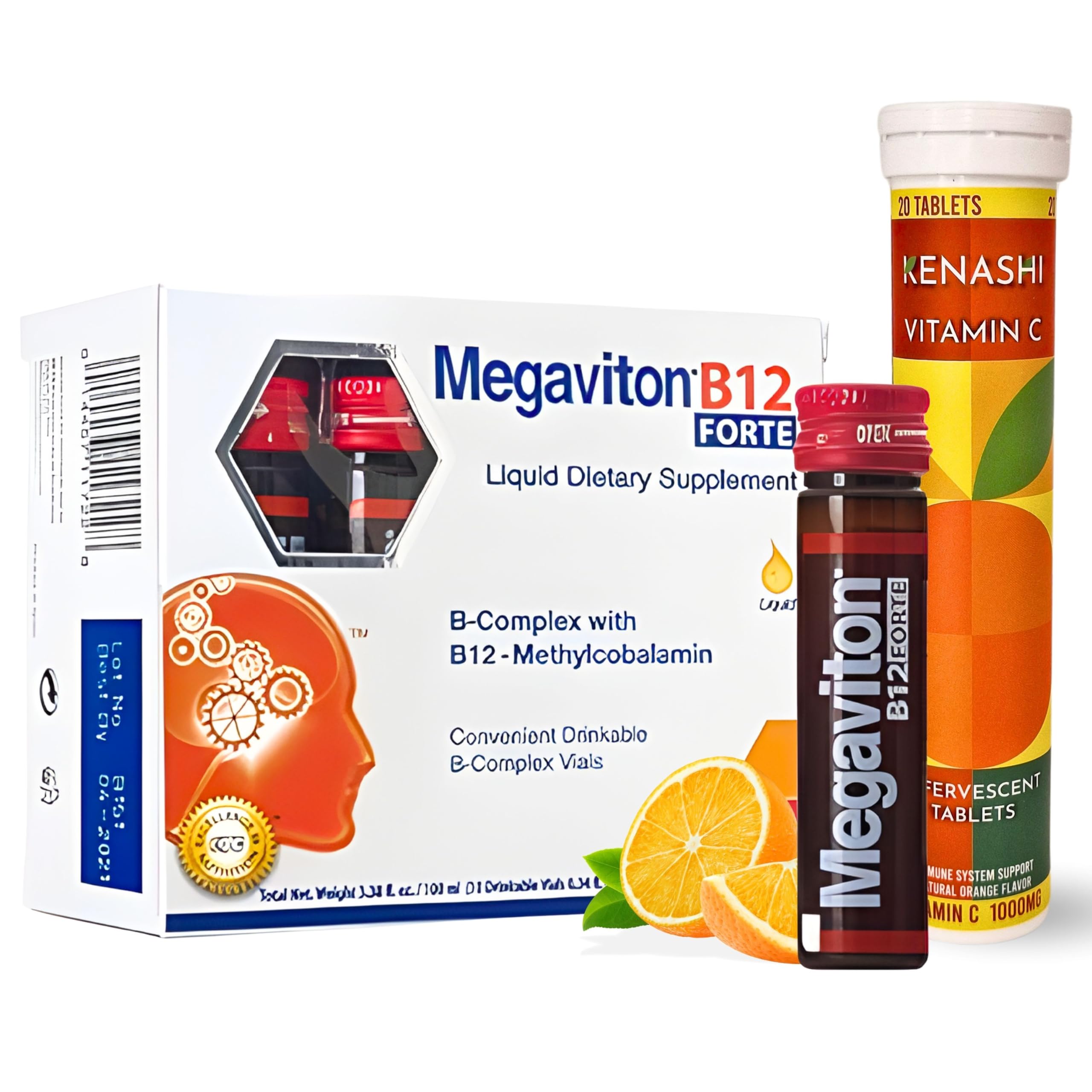 Vitamin B12 Methylcobalamin Liquid Forte 10 Drinkable Vials + Kenashi Vitamin C Effervescent Tablets with Zinc 1000mg Orange Flavor | Vitamin B12 Liquid Energy Boost