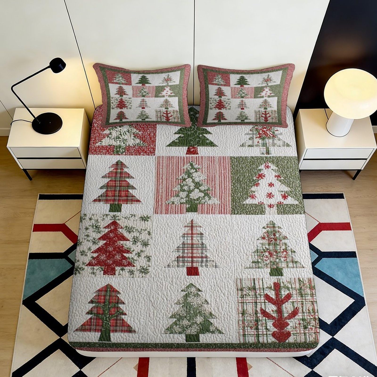 3D Printed Christmas Tree Patchwork Fitted Sheet Microfiber Red Green Bed Cover for Bedroom Guest Room Mattress Protection 90x200x25cm