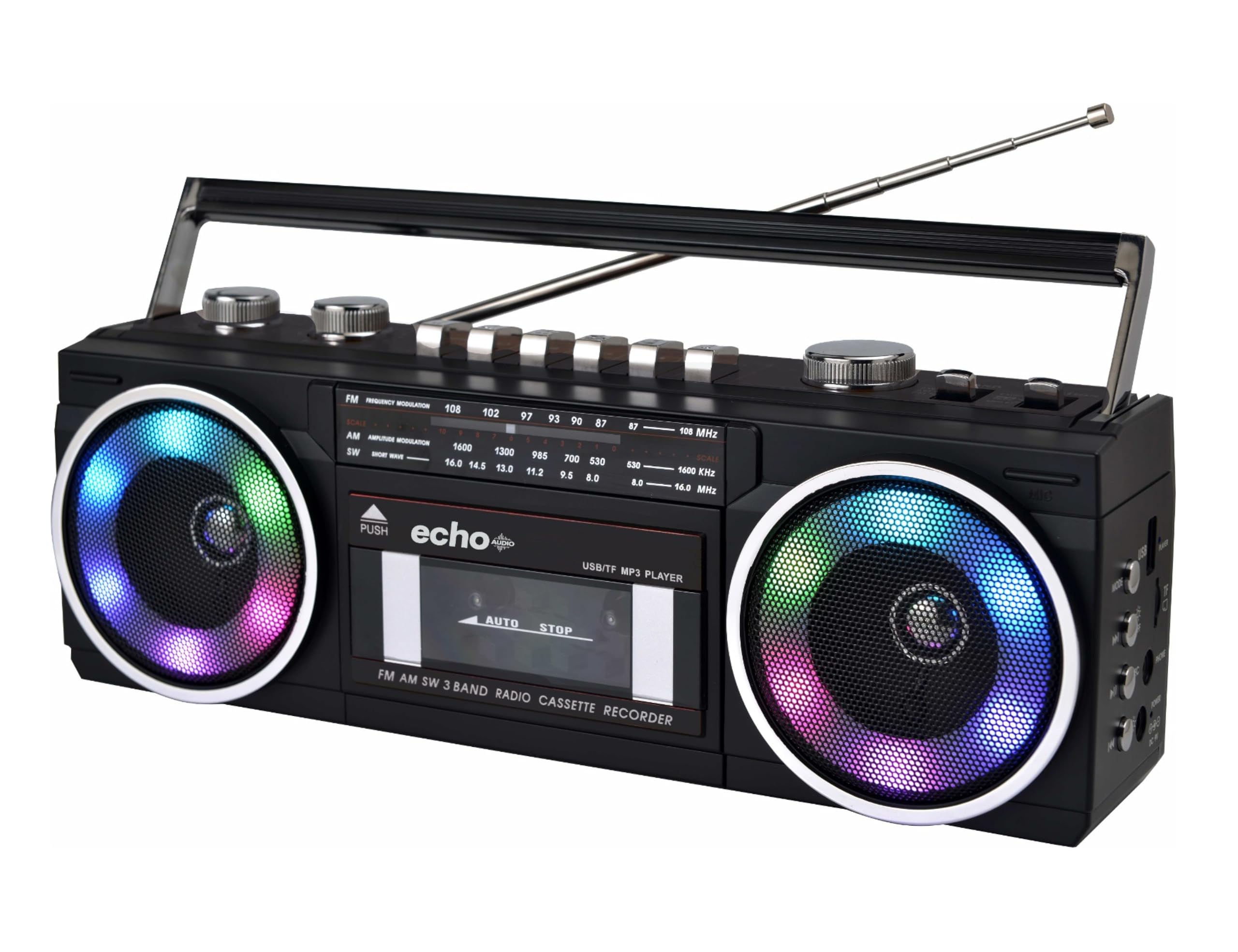 Retro Blast LIT Bluetooth Boombox, Portable Cassette/Tape Player, LED Lights, AM/FM/SW Radio, Two Speakers, Voice Recorder, Headphone Jack, Supports USB & micro SD Card (LIT Speaker LEDs)