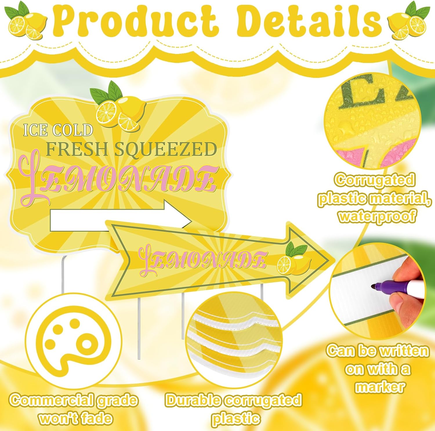 6Pack Lemonade Stand Sign 3 PCS 17×12 Inch Yard Sign with Metal Stakes Double Sided Print and 3 Pcs 17×6 Inch Summer Lemonade Arrow Signs for Outdoor Business Decor Store Open Houses Parties