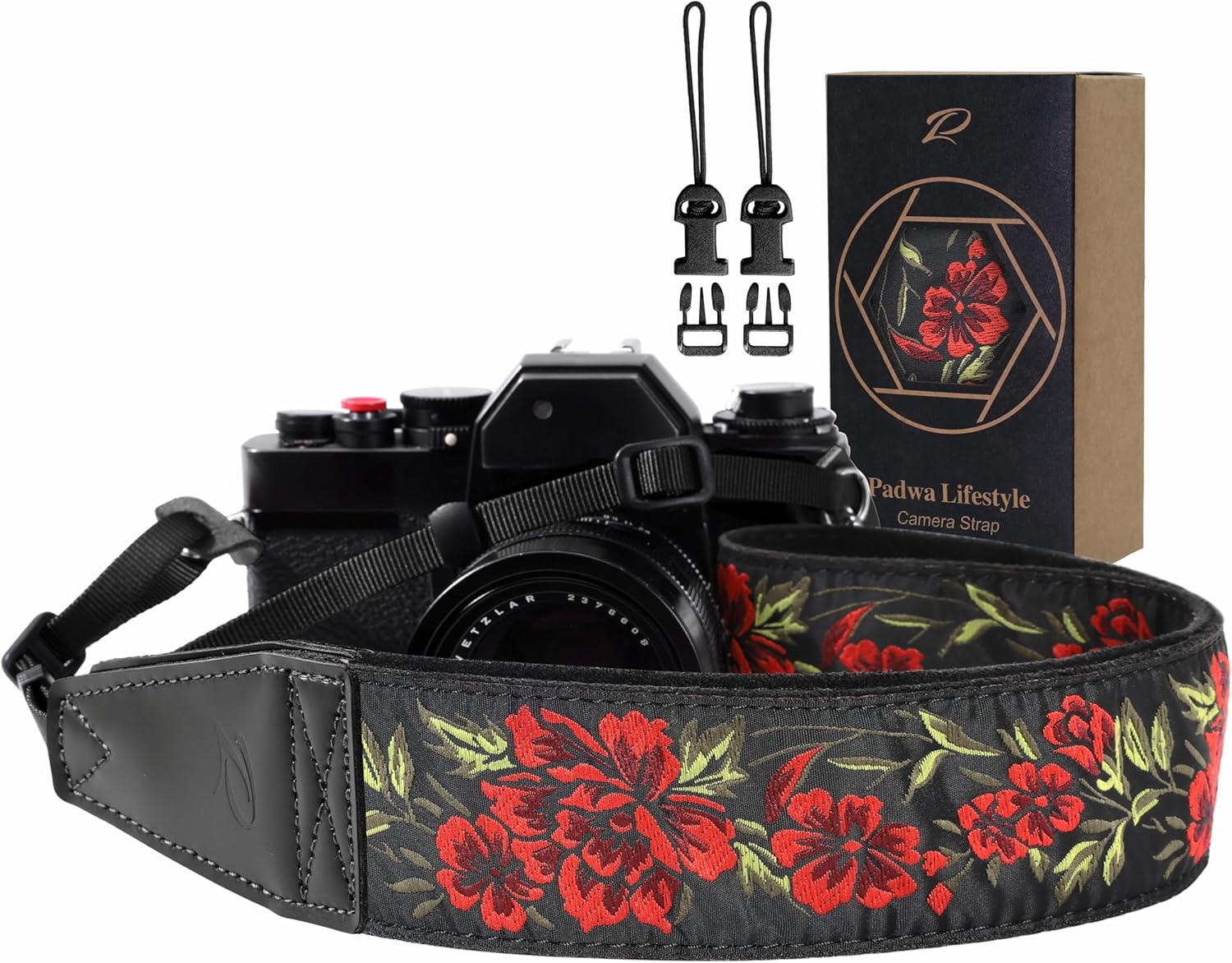 Padwa Lifestyle Colorful Crochet Camera Strap - 2" Full Grain Leather Ends Camera Straps for Photographers, Vintage Embroidered Cotton Soft Suede Fabric Padded Strap Quick Release fits All Cameras