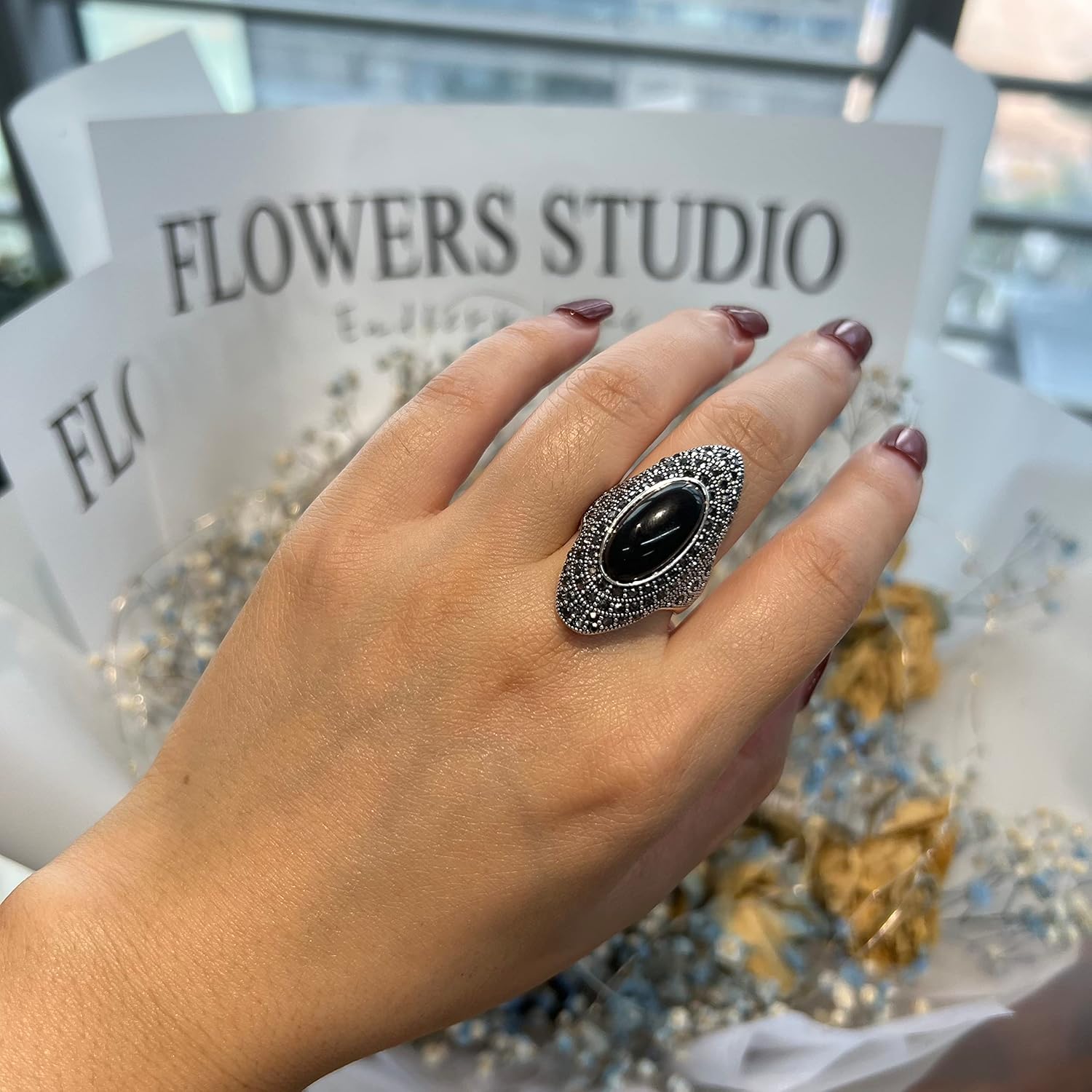 Mytys Retro Vintage Cocktail Statement Ring Black Marcasite & Crystal Rings for Women Antique Silver Big Black Onyx Stone Ring - Image 2