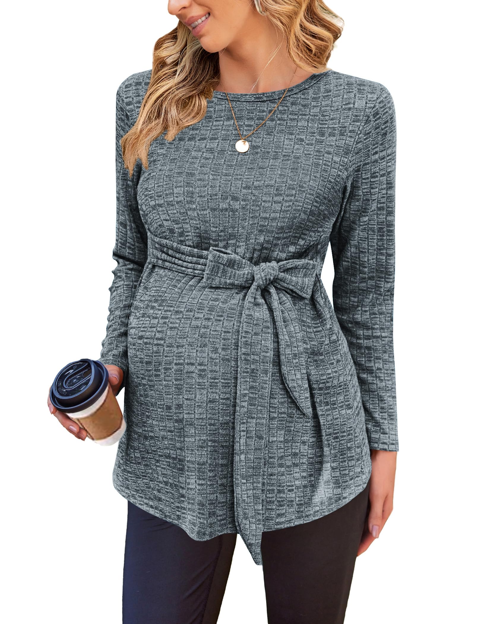 Ekouaer Maternity Shirts Ribbed Long Sleeve Pregnancy Sweater Tops Outfits