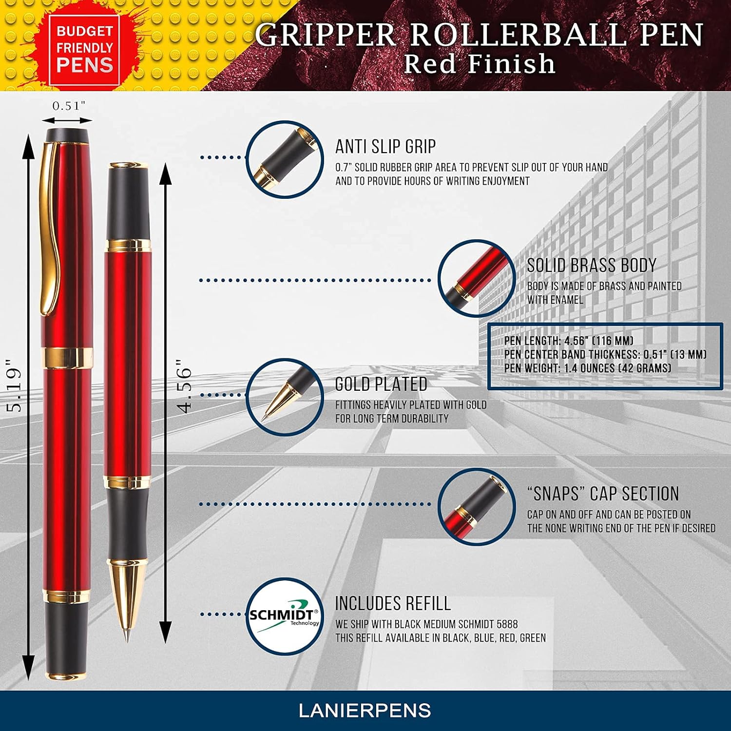 Lanier Pens Gripper Red Roller Ball Pen