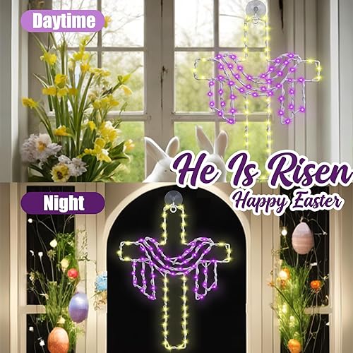 Miniatura 8 de 3 luces de ventana de Pascua colgantes de conejito decoración al aire libre huevo conejito luz señal de puerta funciona con pilas, decoración de