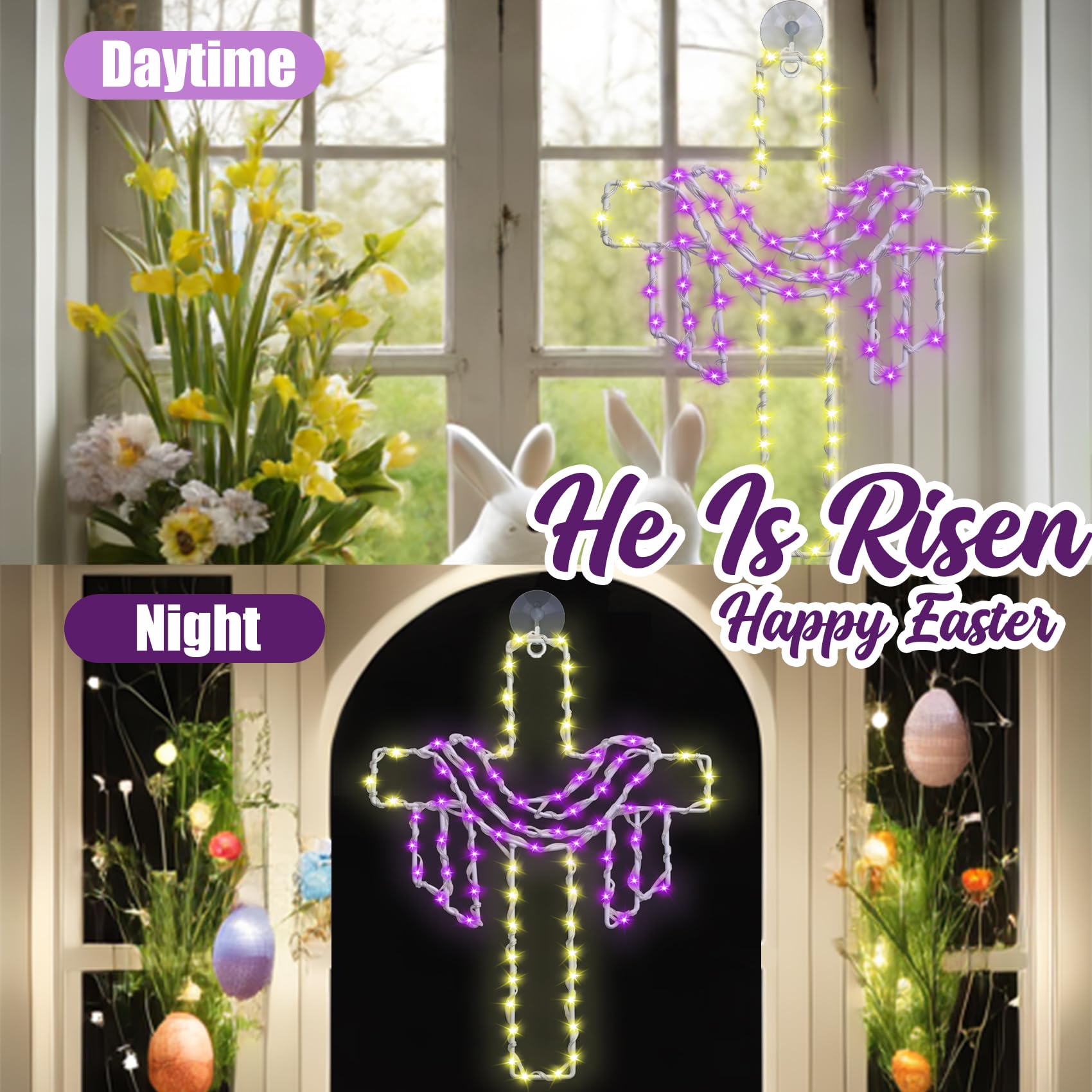 Cross with Drape Window Light 12in Hanging Outdoor He is Risen Lent Decoration Light Jesus Door Sign Decoration Lights Religious Cross Sign with Suction Cup Religion Party Supplies