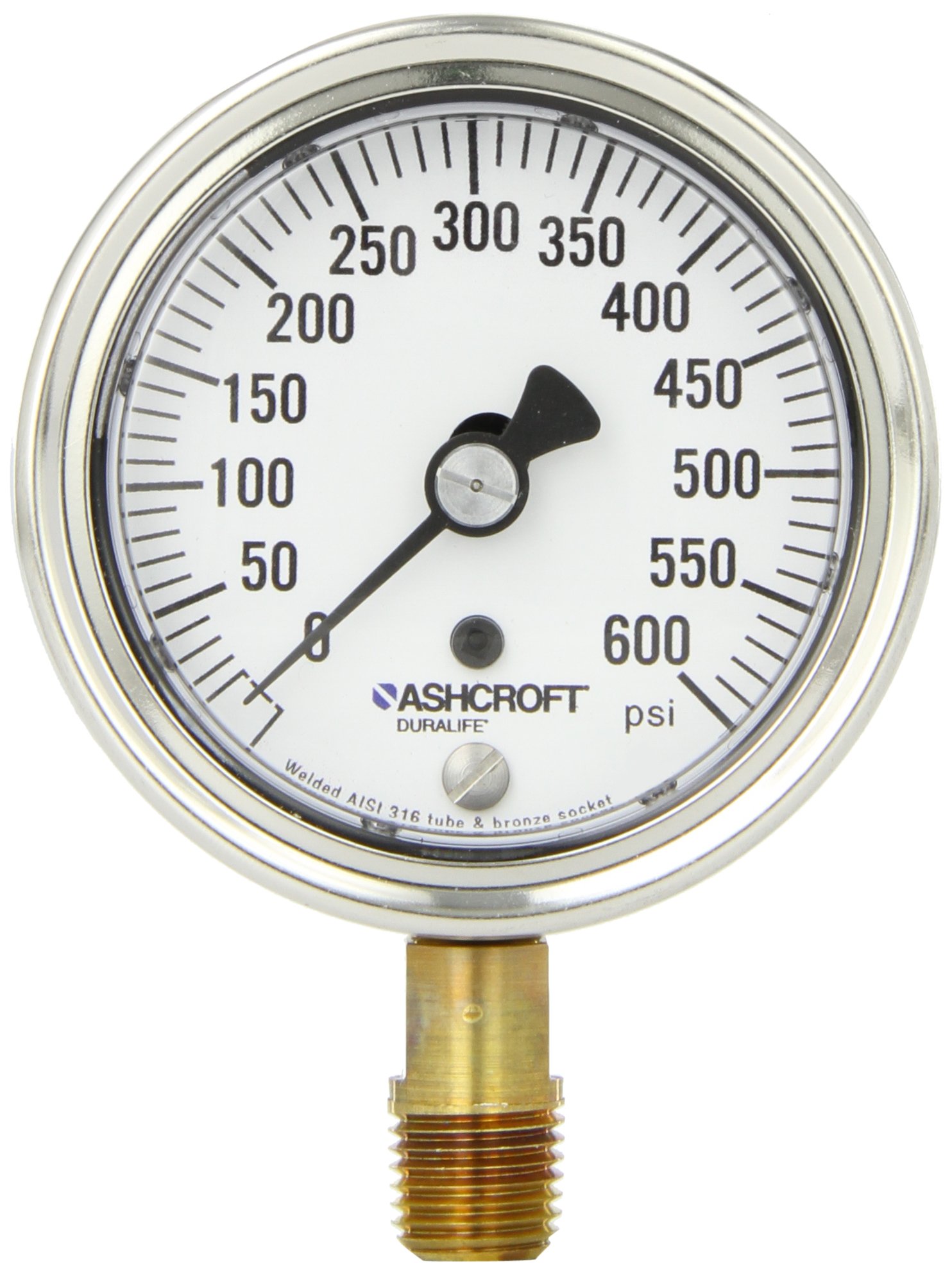 Ashcroft Duralife Type 1009 Stainless Steel Case Dry Filled Pressure Gauge, Stainless Steel Tube and Bronze Socket, 2.5