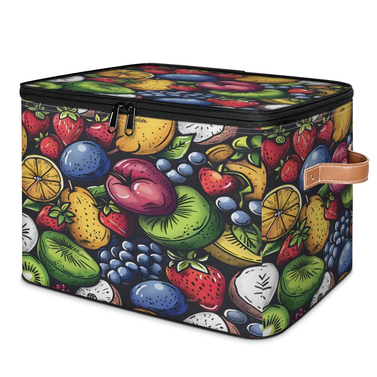 Snatocys Storage Bins with Zipper Lid Fruit Storage Boxes with Handles, Foldable Lidded Fabric Home Cubes Baskets Closet Clothes Organizer, Various Fruit 14 x 10.2 x 10.4 IN