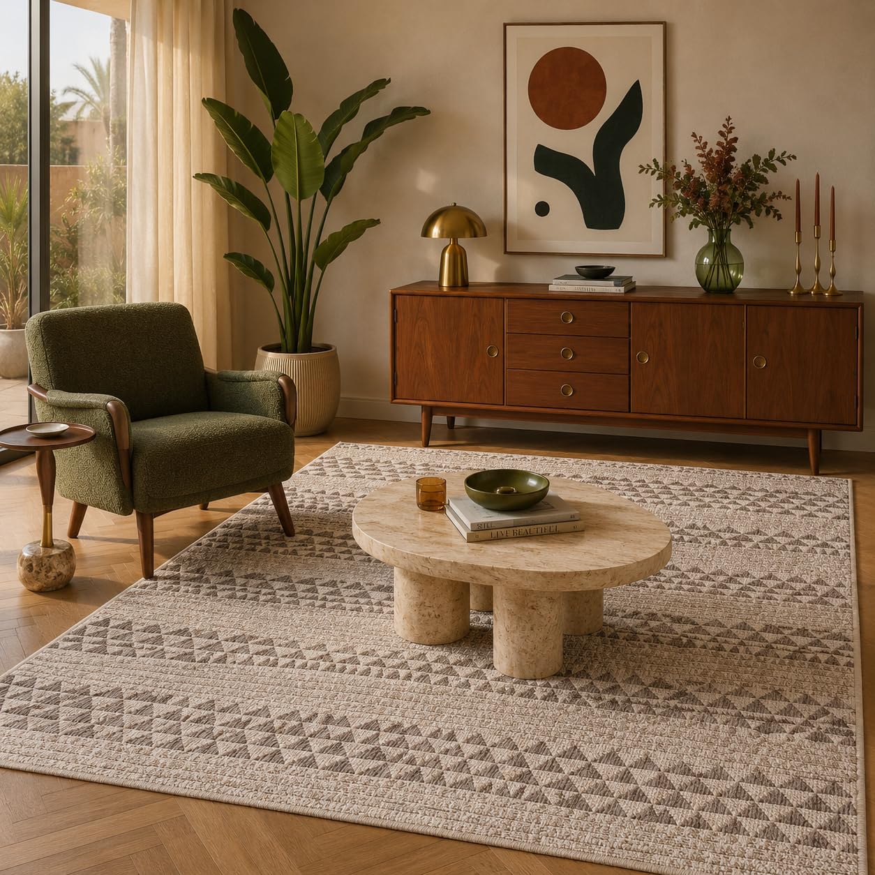 Pergamon Tapis Intérieur & Extérieur Carpetto Beige Rayures – Balcon Terrasse Anti-UV