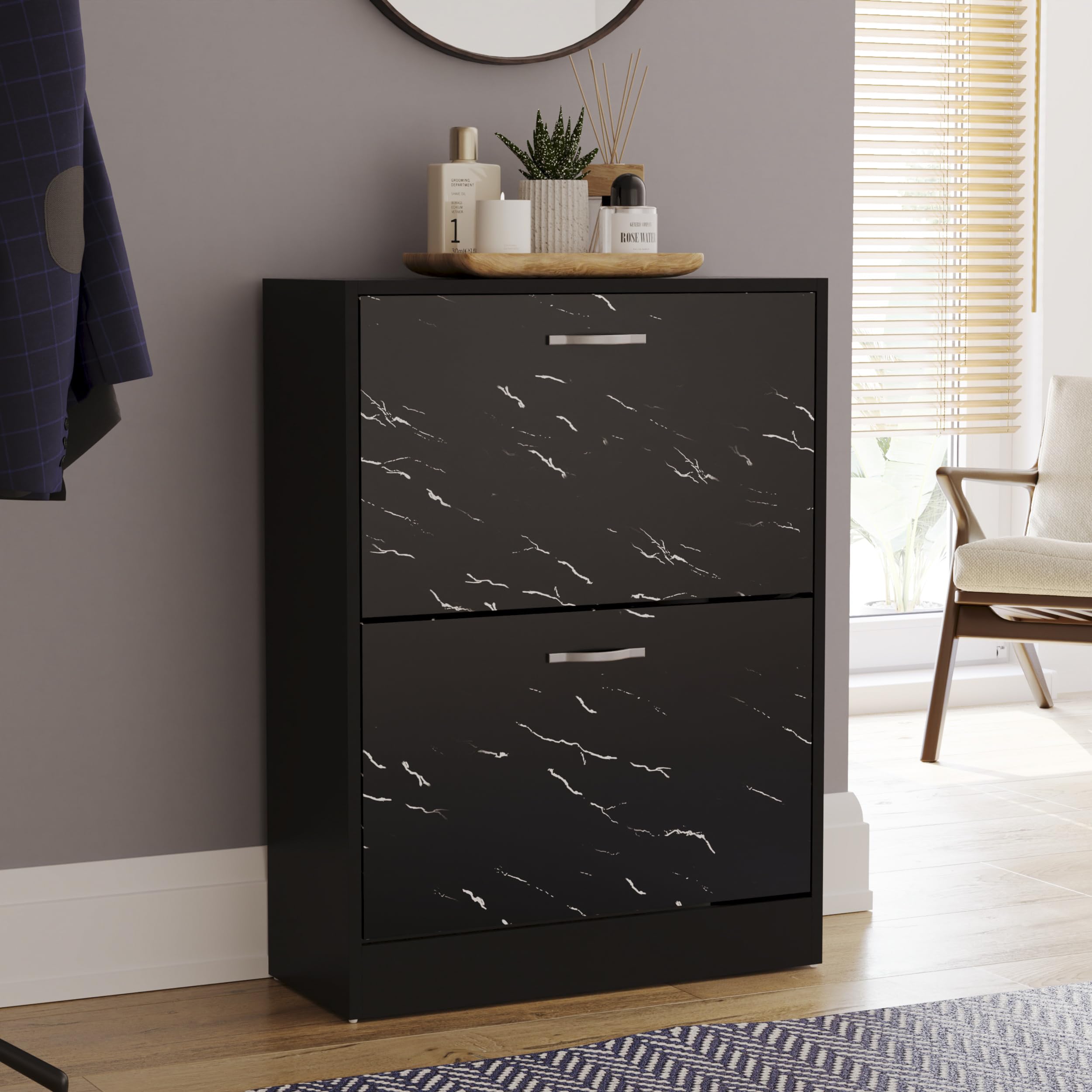 Vida Designs 2 Drawer Shoe Cabinet Cupboard Shoe Storage Organiser (Black Marble) โ image 1