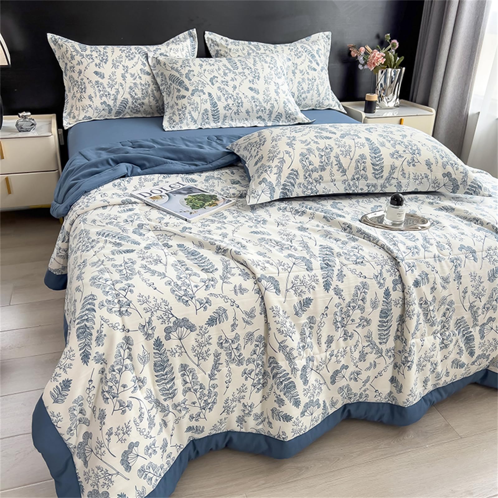 Highdi Summer Floral Print Reversible Bed Throws Quilted Bedspreads,Lightweight Patchwork Quilt Comforter Single Double,Cotton Throw Summer Quilt,Quilted Blanket All Seasons (Blue,150x200cm)