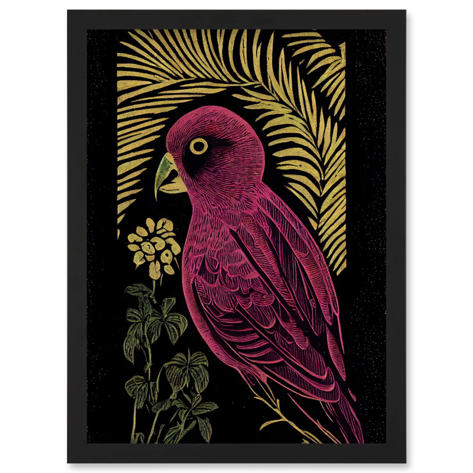 Wee Blue Coo Pink Parrot Bird Black Gold Tropical Plants Modern Vintage Linocut Illustration Artwork Framed Wall Art Print A4