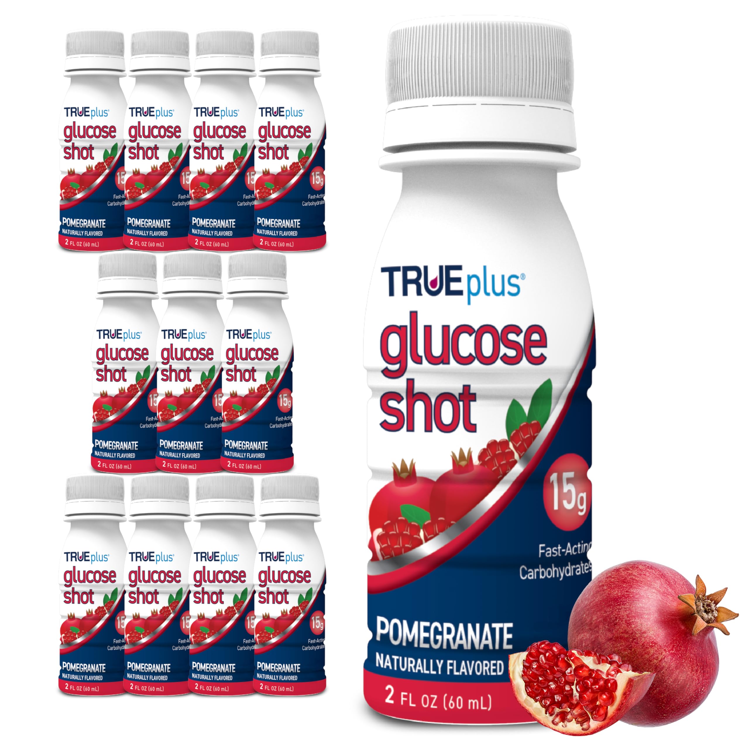 TRUEplus Glucose Shot, Pomegranate, 15g Fast-Acting Carbohydrates, Fat Free, Gluten Free, Raise Low Blood Sugar and Boost Energy, 12 Pack