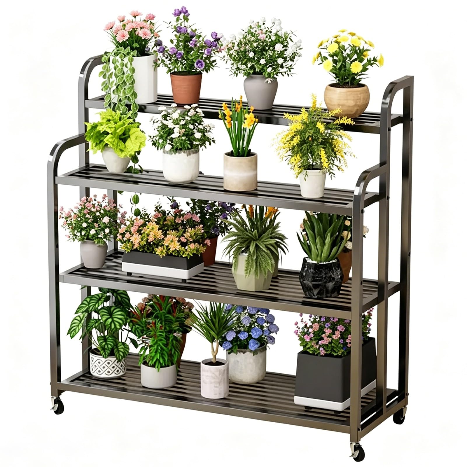 DMCHENGMA Wrought Iron Decorative Flower Stand, Heavy Duty Black Metal 4 Tiered Plant Shelf for Multiple Flower Planter Holder Tall Large Rack(80x40x120cm)