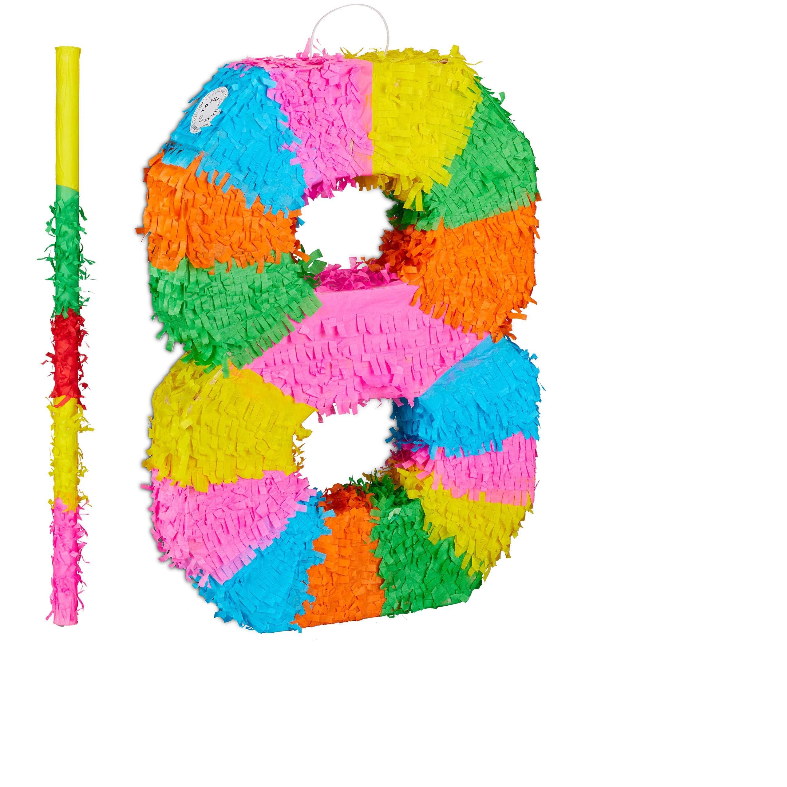 Relaxdays Set de Piñata Cumpleaños Palo y Antifaz, Número 8, Papel, Multicolor, 50 cm de largo