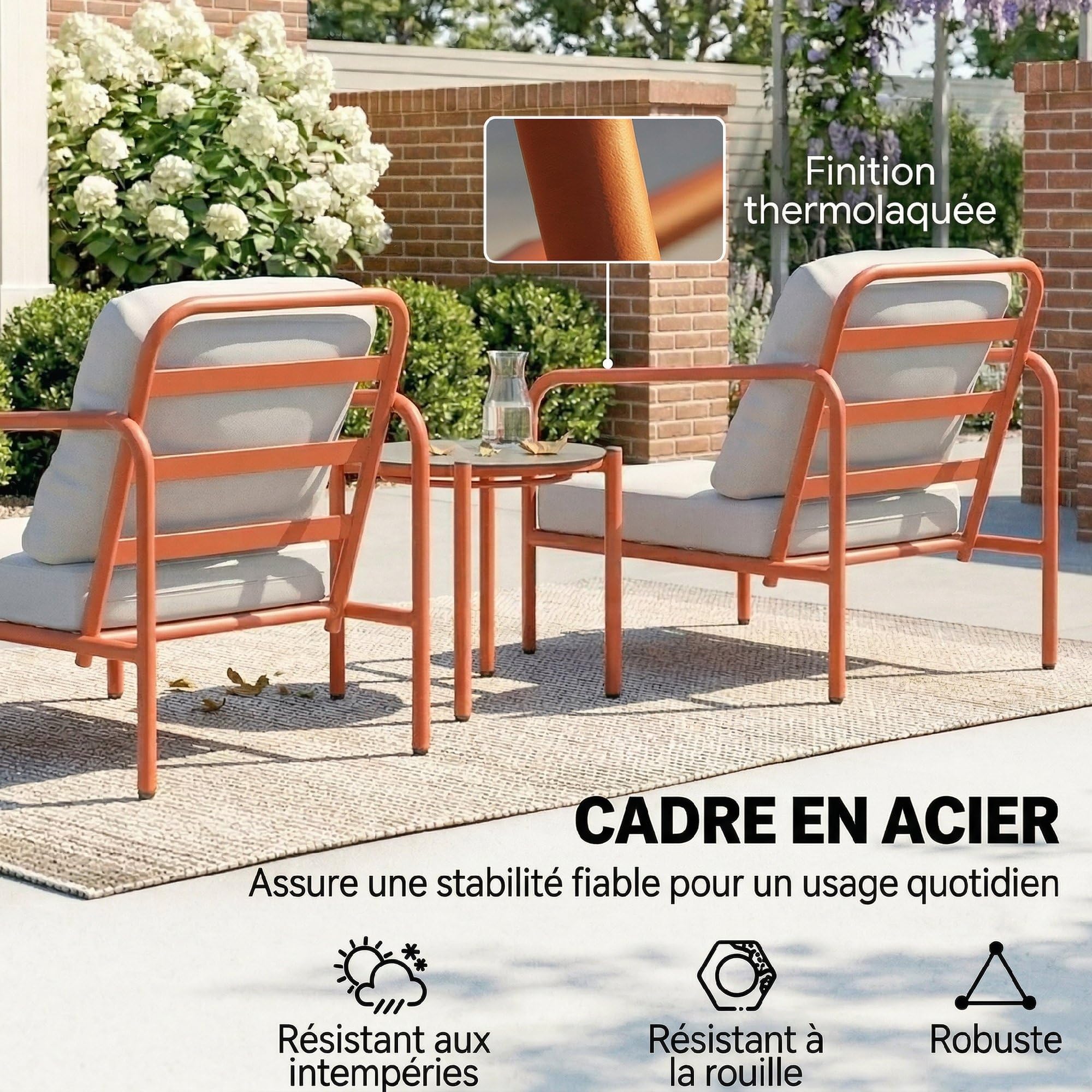 Outsunny Salon de Jardin 3 Pièces, Fauteuils avec Coussins Amovibles, Table Basse Verre Trempé, Acier, Rouge Vineux