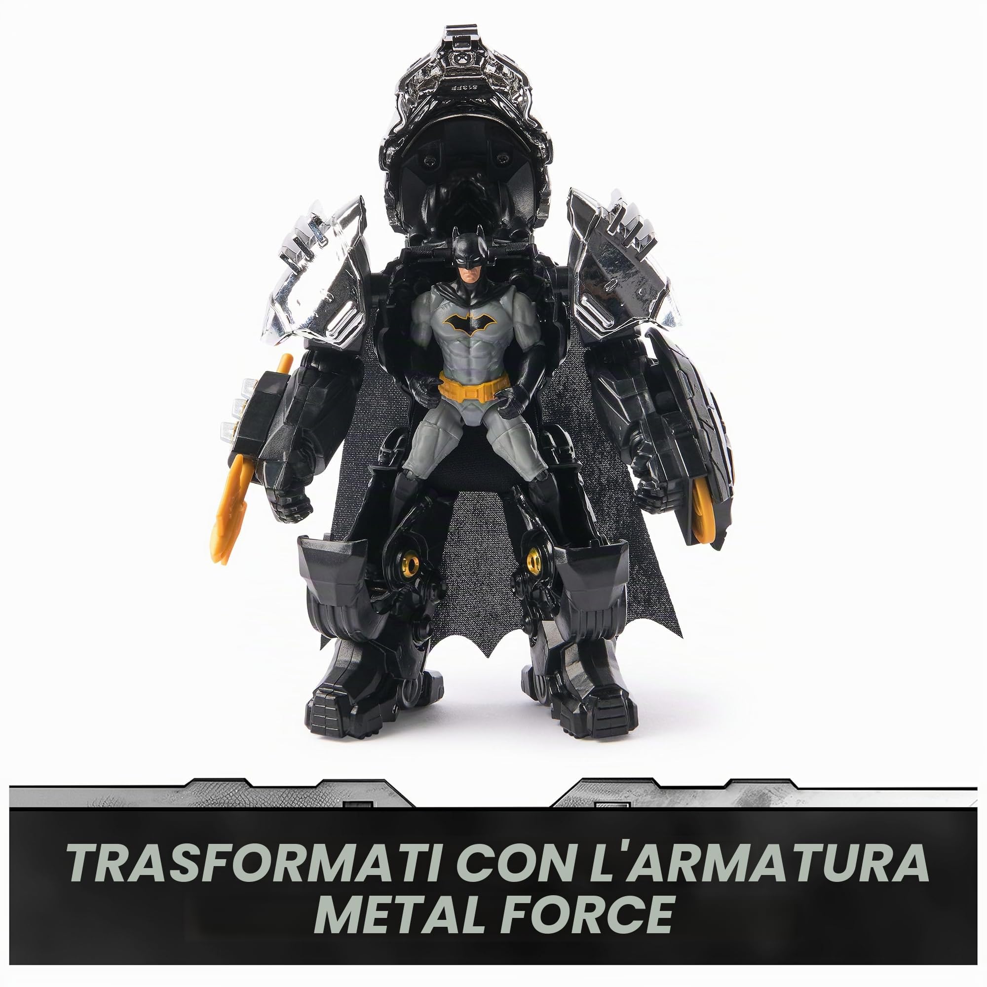 DC Comics, Action figure di Batman Metal Force, 15,2 cm con mini figura da 10,2 cm, blaster e armatura integrati, giocattoli per bambini per ragazzi e ragazze dai 4 anni in su