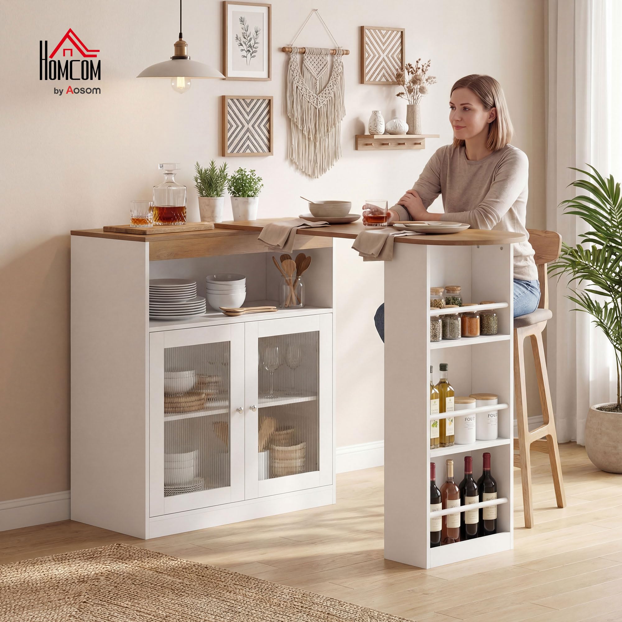 HOMCOM Mesa de Bar Extensible y Giratoria 90°, Mesa Alta Cocina con Estantes Abiertos y 2 Puertas de Vidrio para Comedor, 150x80x105,5 cm, Blanco y Natural