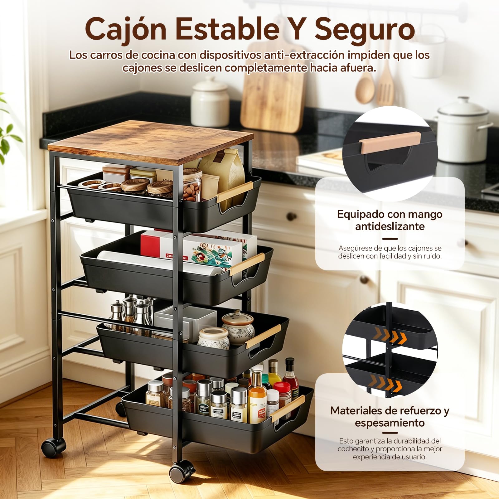 Carro de cocina con 5 estantes y 4 cajones, ruedas de 360° con 2 frenos, con placa de madera y cestas ventiladas, para almacenar frutas, verduras, microondas en la cocina y el salón (32 x