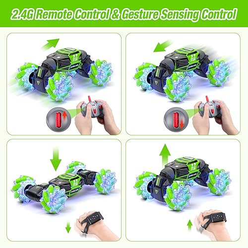 Miniatura 3 de Powerextra Coche LED Gesture Rc, auto de control remoto de detección de gestos de transformación 4WD, doble cara giratoria de 360° con luces, auto