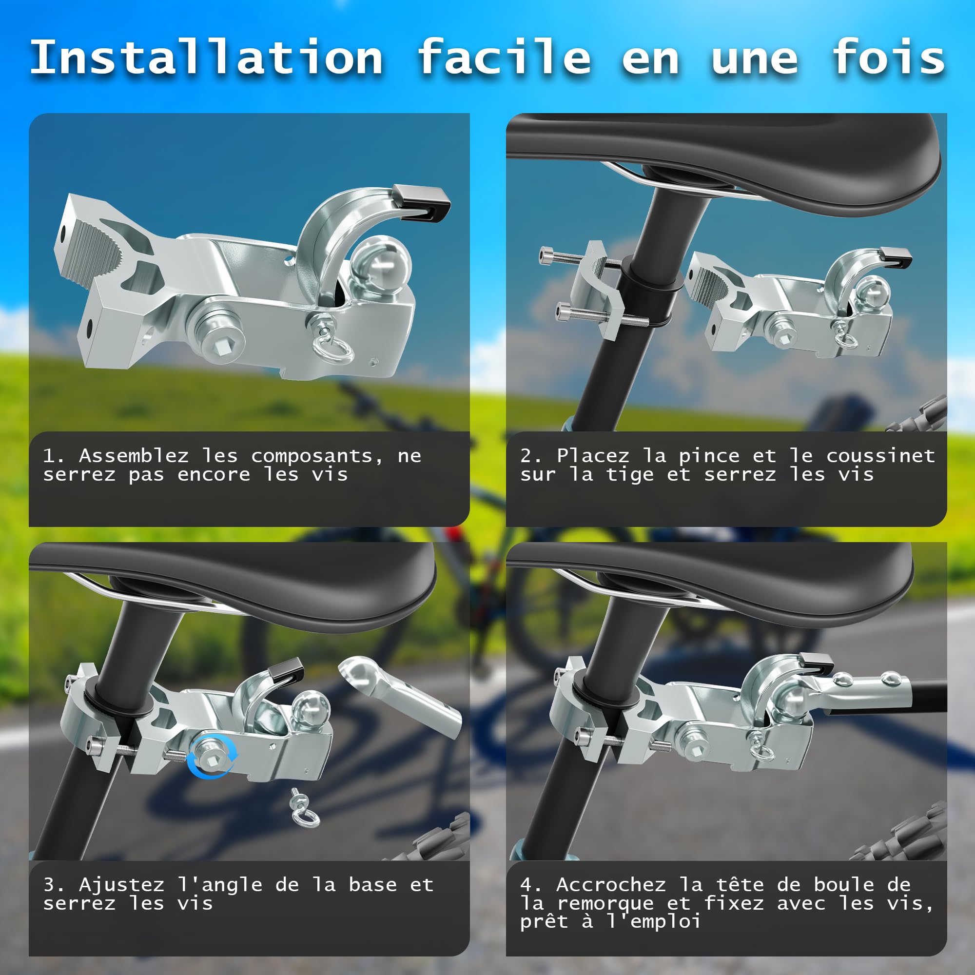 Robuste Attelage de Remorque de Vélo en Acier Galvanisé pour Tige de Selle 26-33 mm