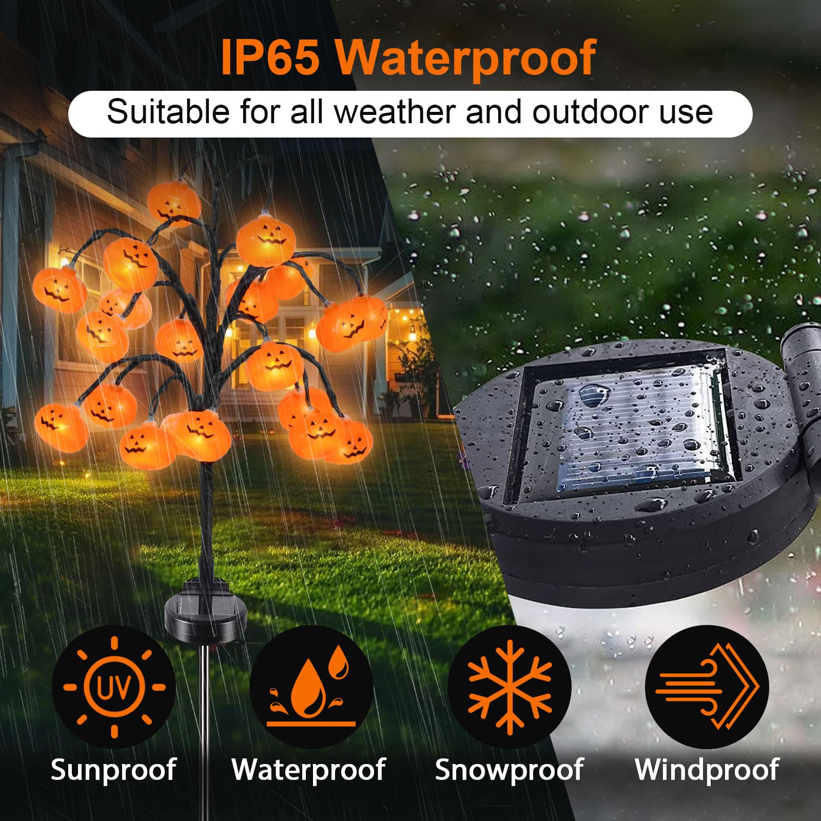 Ninonly Solar Halloween Light Pumpkin Decoration, 2 Pack 40LED Orange Pumpkin Stakes Lights - Image 4