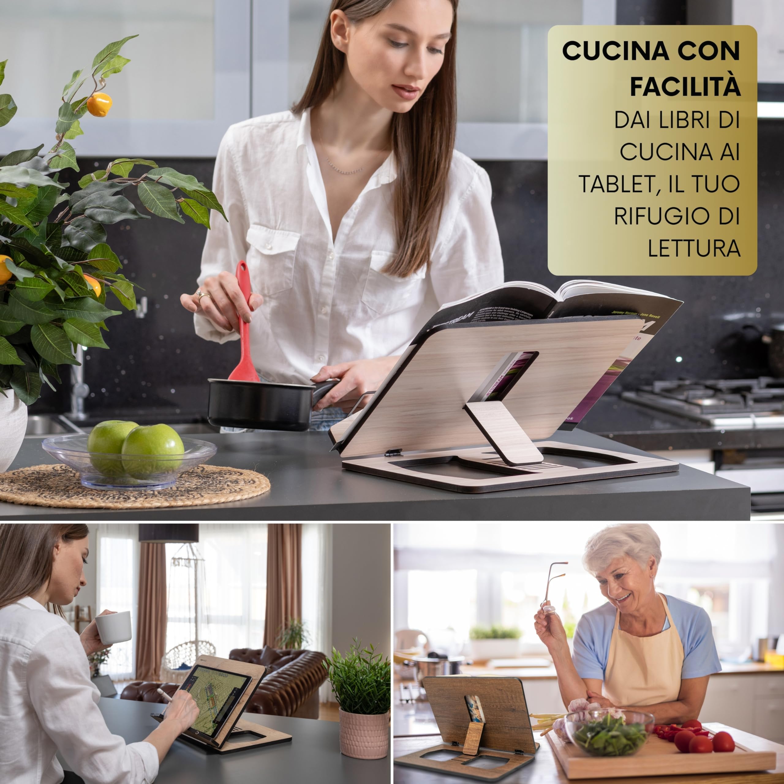 Leggio Libro Legno Vigo - Regolabile 3 Angolazioni, 29x22cm | Per Cucina E Lettura - Foto 3