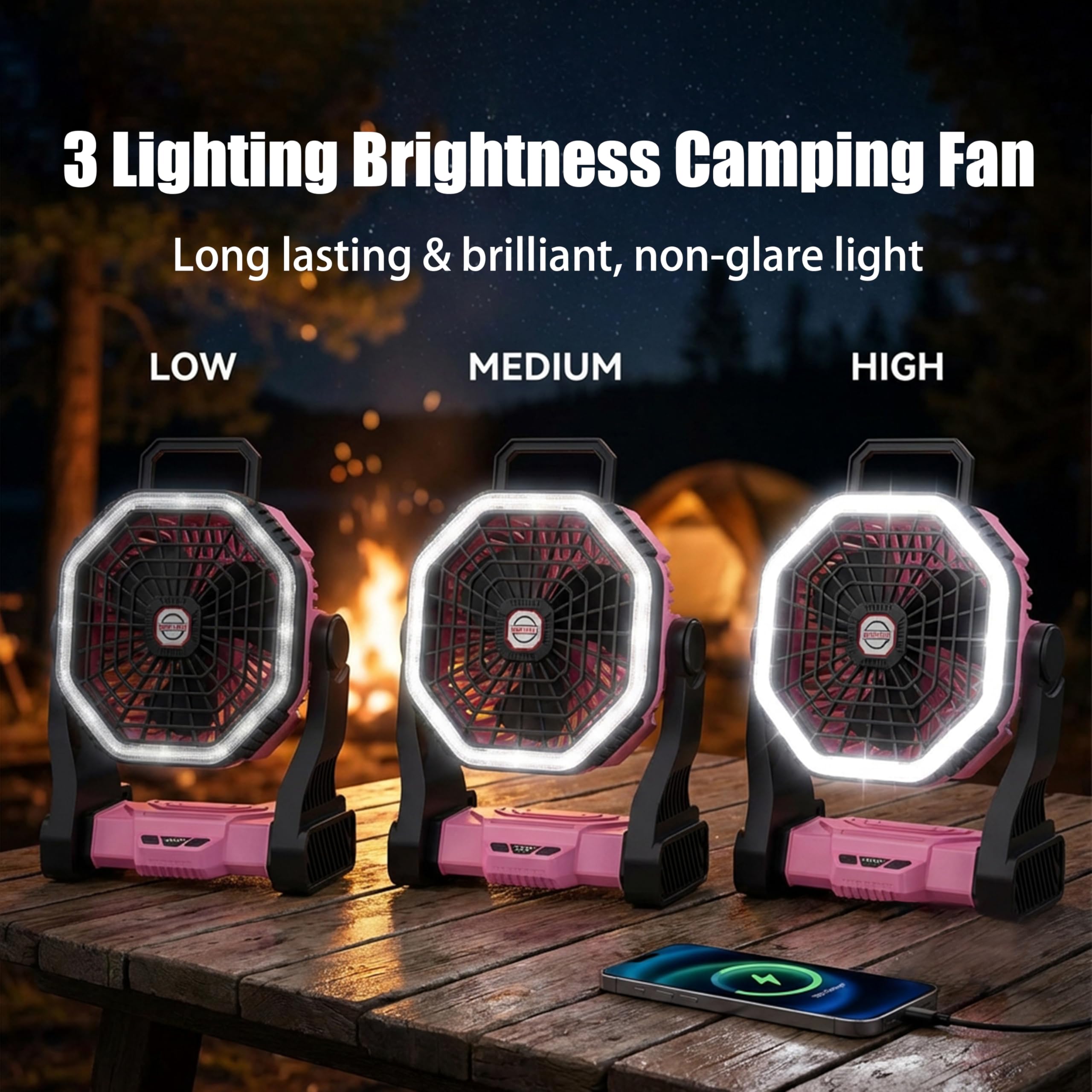 Ventilador de camping LED portátil, recargable 2 en 1, 4 ajustes de velocidad, batería de 10000 mAh, 3 modos de luz (Rosa)