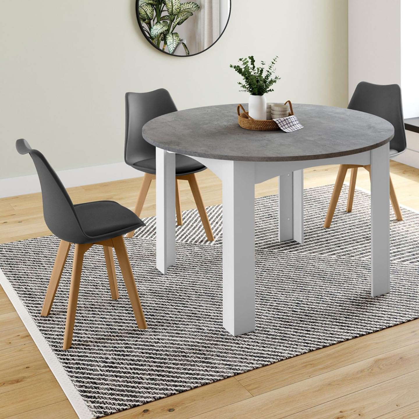 IDMarket - Tavolo da pranzo allungabile, rotondo, Dona, per 4-8 persone, bianco, piano in effetto cemento, 110-150 cm