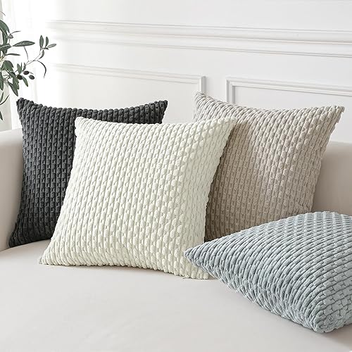 Miniatura 8 de OTOSTAR Juego de 4 fundas de cojín decorativas de pana suave neutra de 16 x 16 pulgadas, fundas de almohada cuadradas a rayas bohemias para sofá,