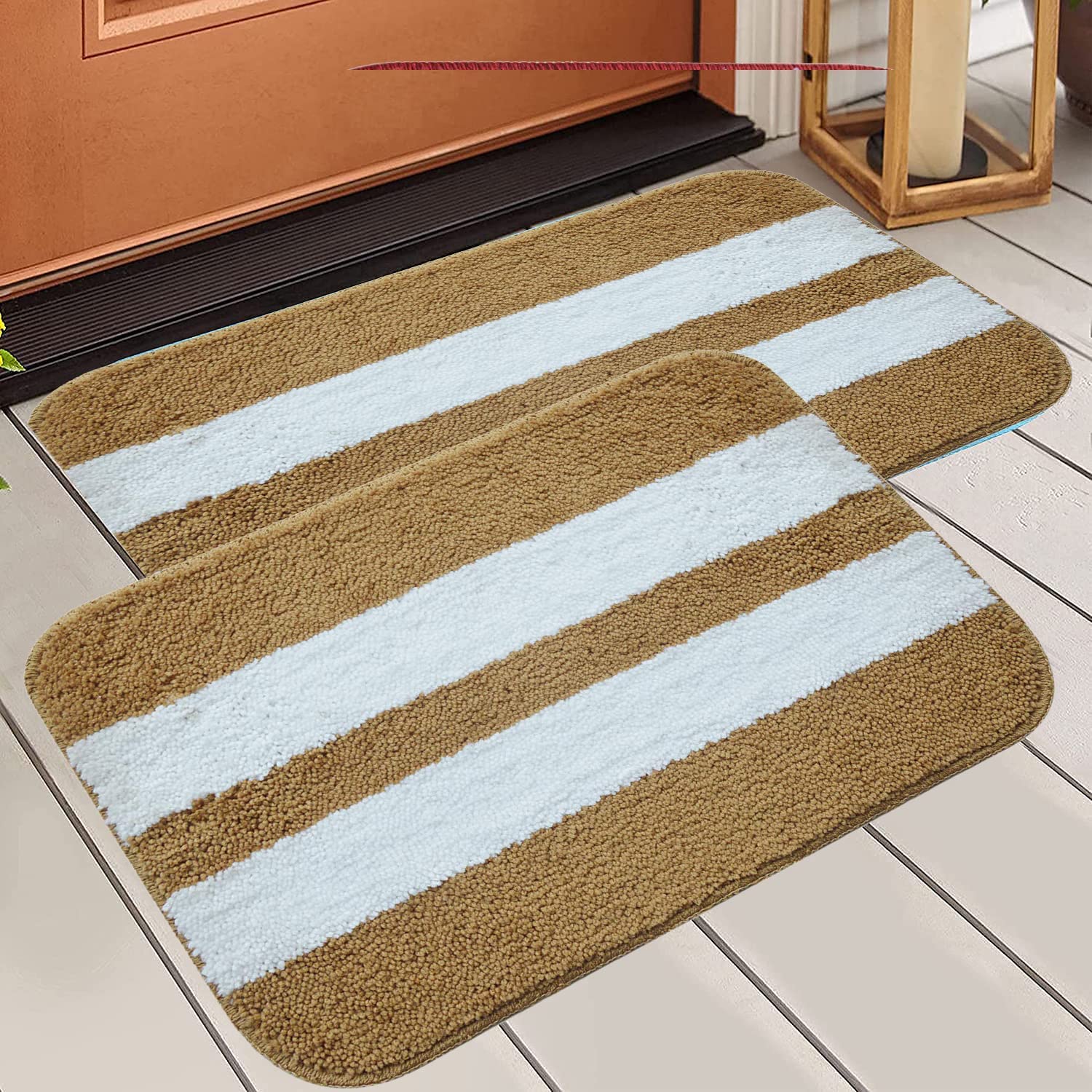 OTIVA Solid Microfiber Modern Bath Mat Anti Skid Rubber Back Set of 2 Piece,Colour Beige with White Strip Set of 2 (40 x 60 cm)