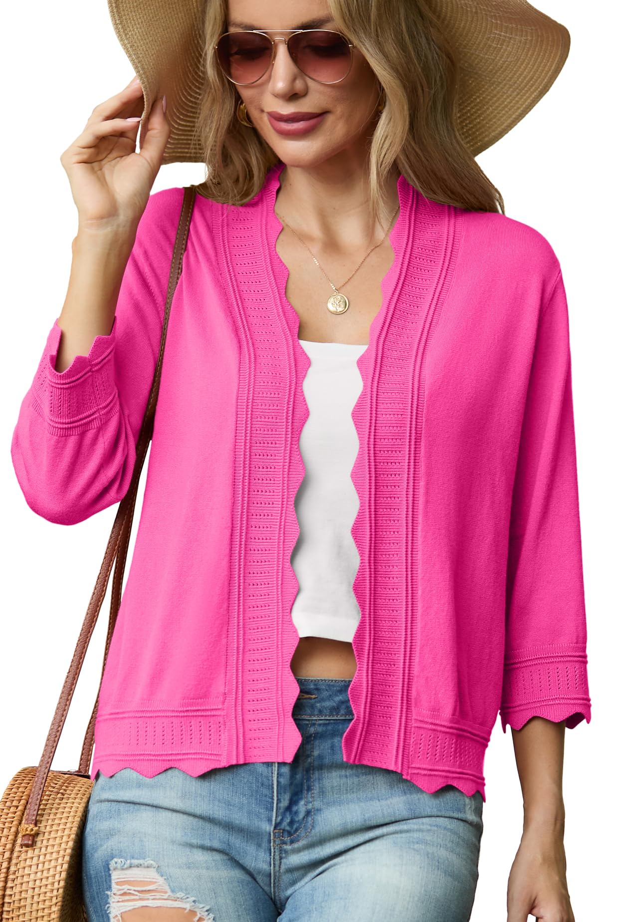 GRECERELLE Women's 2025 3/4 Sleeve Light Weight Summer Knit Loose Casual Cropped Cardigan Shrugs Sweater