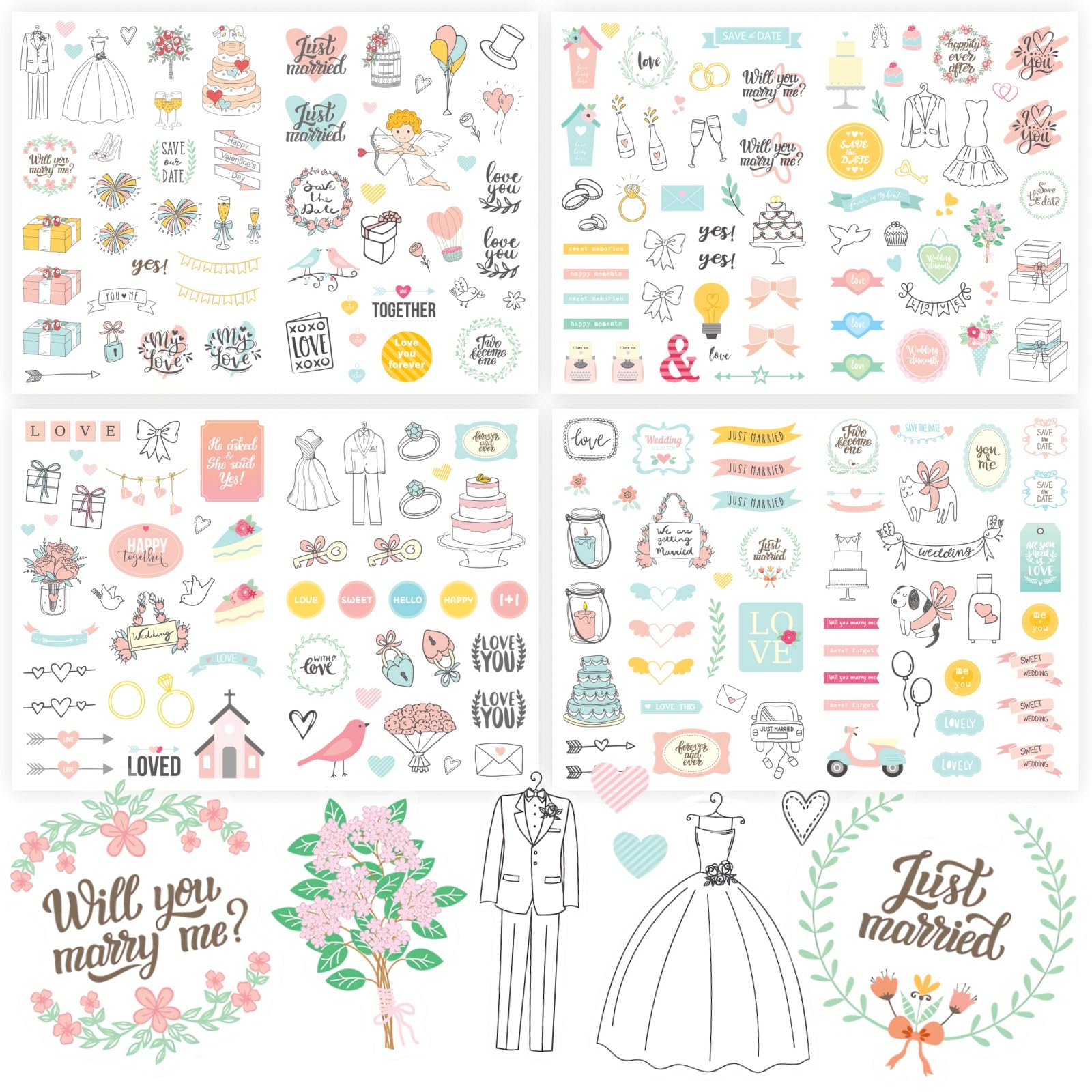 Naklejki na album fotograficzny, księga gości, wesele, 5 arkuszy z 206 ilustracjami, naklejki ślubne do scrapbookingu, naklejki ślubne na przyjęcie ślubne, na przyjęcie dla panny młodej, zaręczyny,
