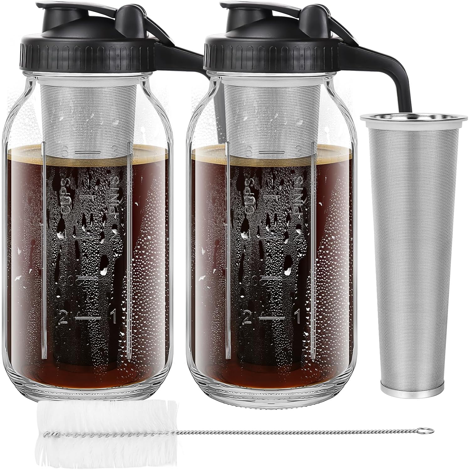 MSYU 2 Pack 64oz Cold Brew Coffee Maker with Stainless Steel Mesh Filter, 2 Quart 1.9 Liter Heavy Duty Iced Coffee Maker w/Flip Cap Lid and Spout
