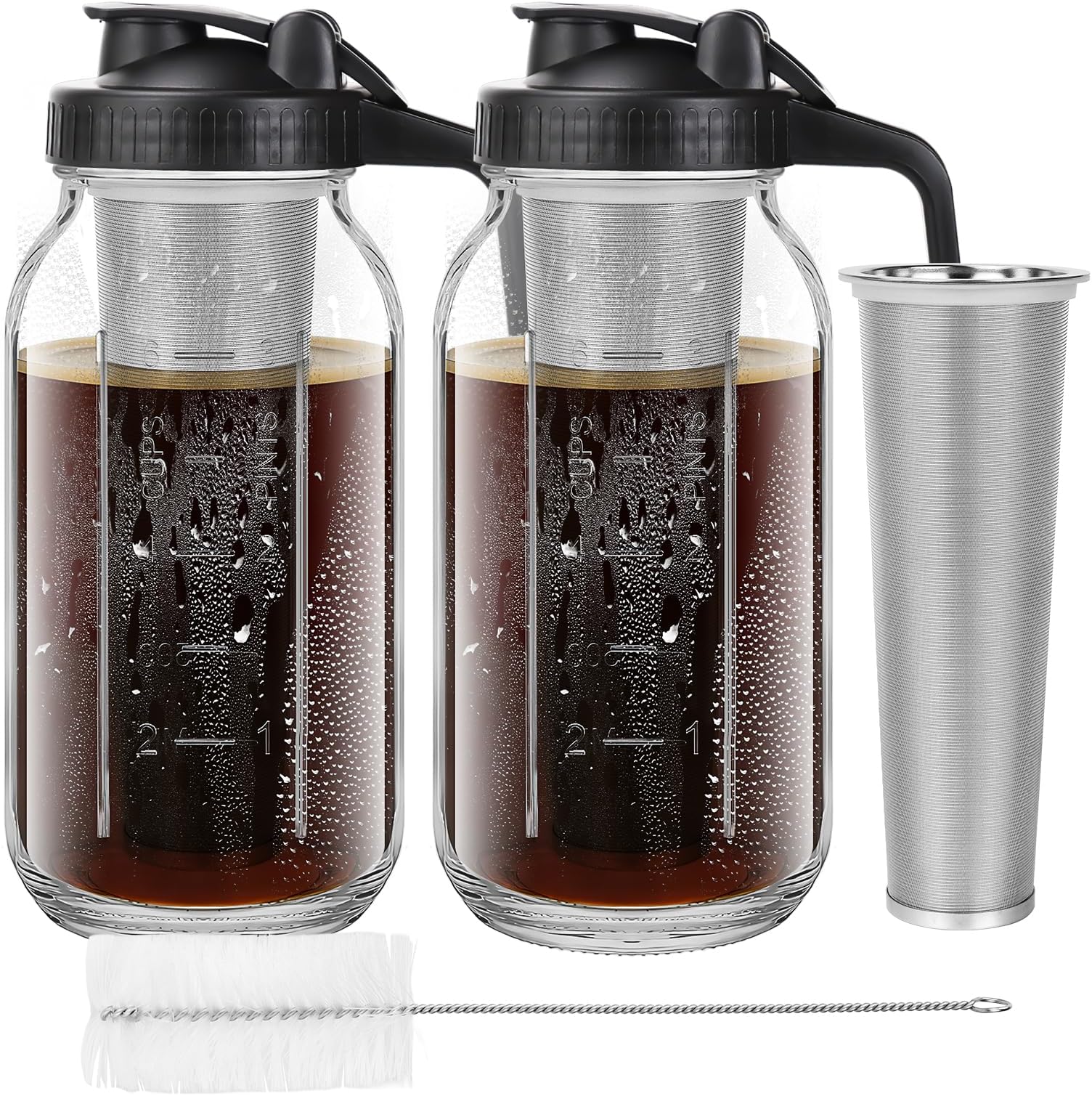 2 Pack 1.9 L Cold Brew Coffee Maker Jar - Thick Glass Cold Brew Maker with Handle, Stainless Steel Filter & Leak-Proof Lid, Cold Brew Pitcher for Iced Coffee, Tea and Milk