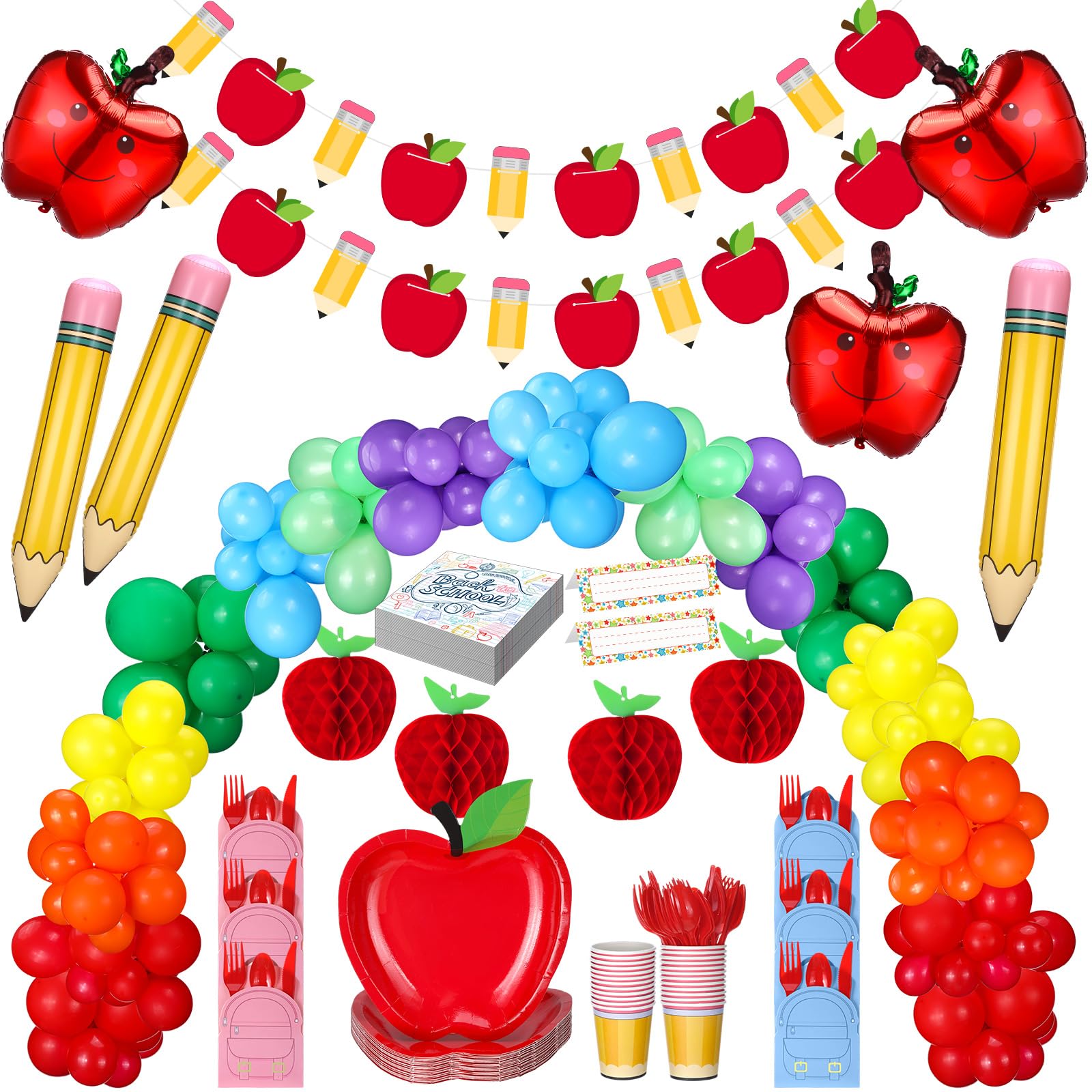 Widecook 198 Pcs Back to School Decorations Complete Kit with Pencil and Apple Shape Balloon Garland Arch Dinnerware Banner Honeycombs Bulk for First
