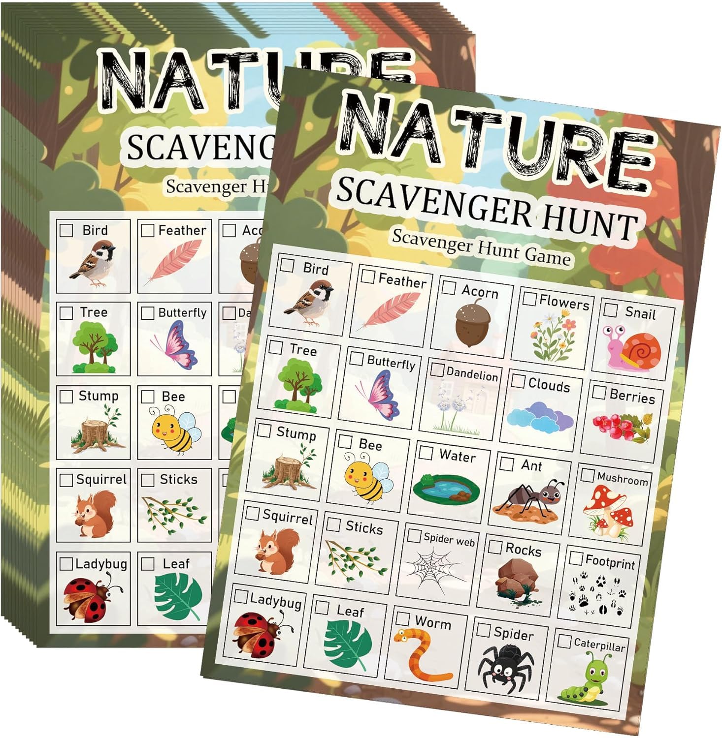 30 Pcs Nature Scavenger Hunt Cards 5 x 7 inch Road Car Travel Activities Camping Outdoor Indoor Seek and Find Nature Theme Scavenger Hunt Card of Family Educational Exploration Kit