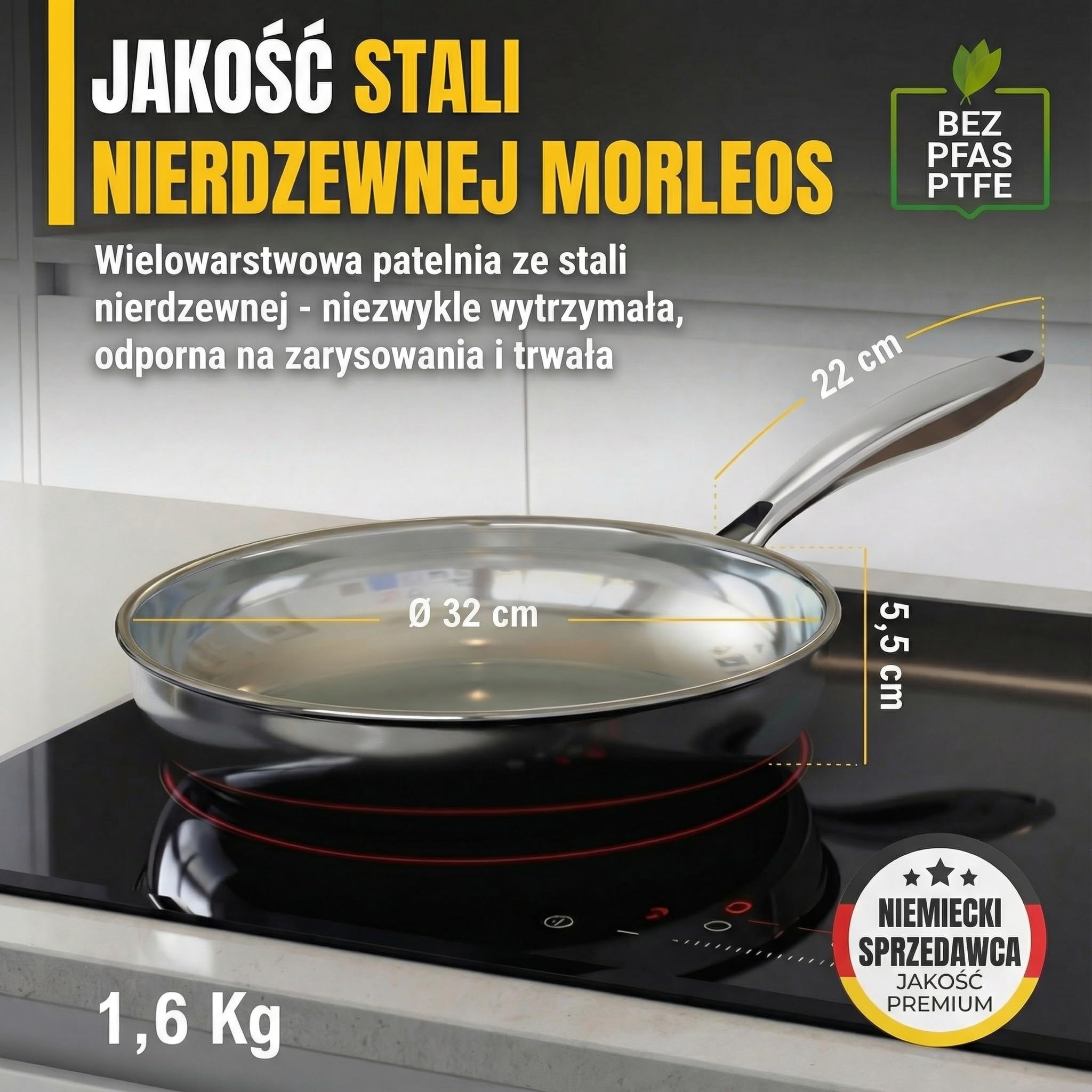 Patelnia ze stali nierdzewnej 32 cm, bez powłoki | 5 warstw - 3 mm - 1,67 kg | Patelnia ze stali nierdzewnej 18/10 do indukcji | Można myć w zmywarce i używać w piekarniku do 400°C