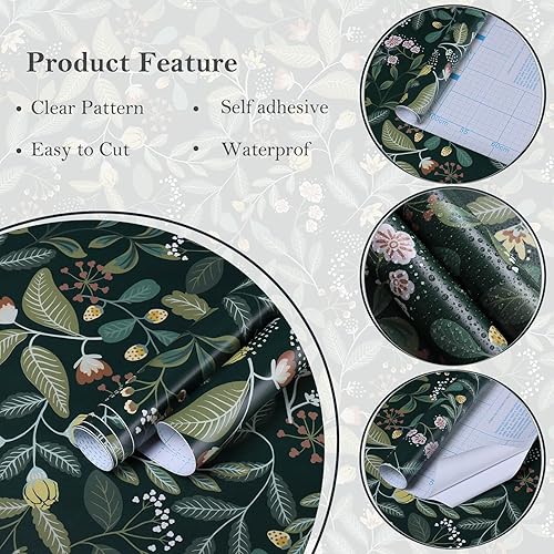 Miniatura 3 de Ismoon Papel tapiz para despegar y pegar, papel tapiz floral verde oscuro, papel tapiz autoadhesivo vintage extraíble, papel de contacto verde,